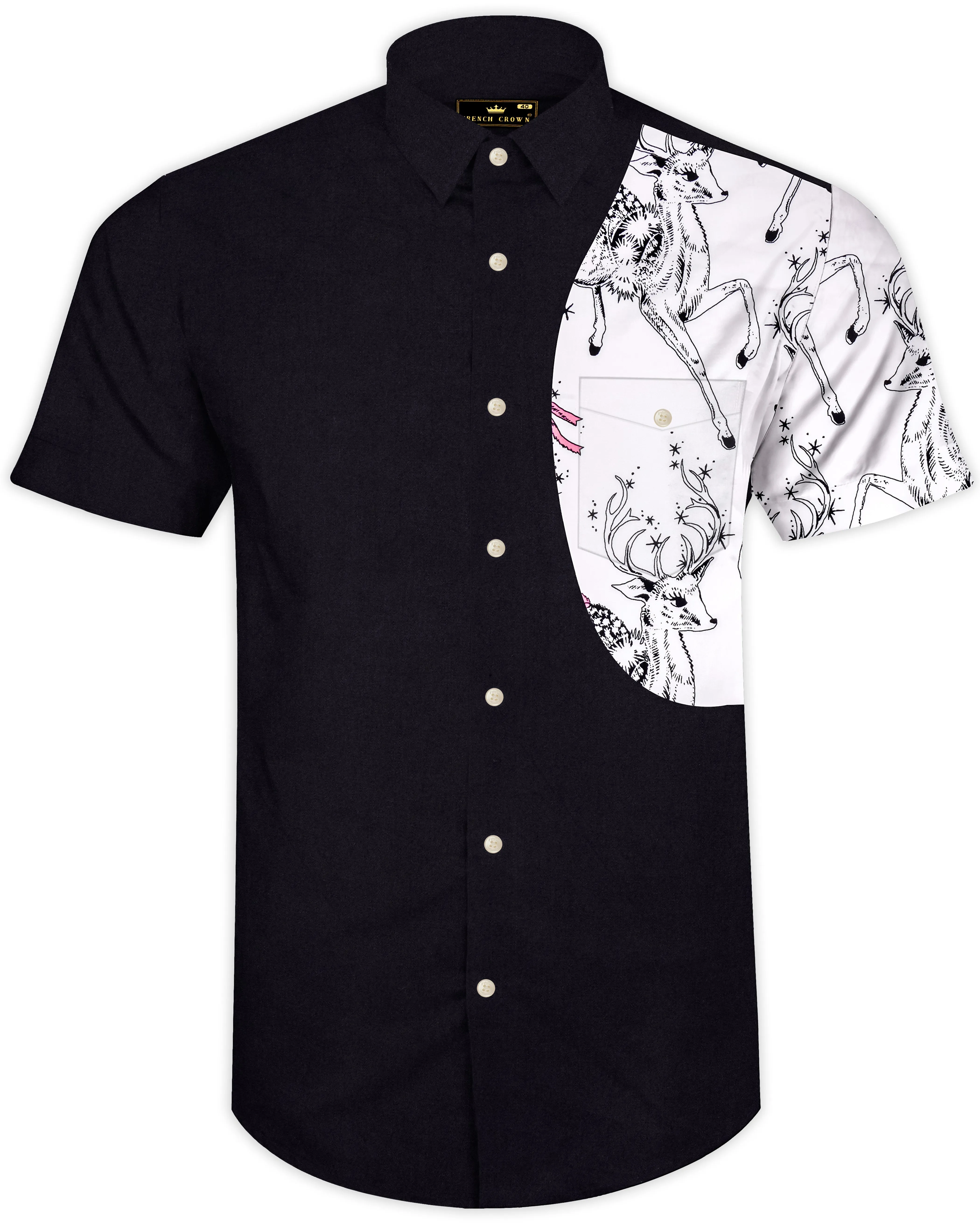 Eldeen-Jade Black And Bright White Deer Printed Subtle Sheen Super Soft Premium Cotton Casual Designer Shirt sold by French Crown