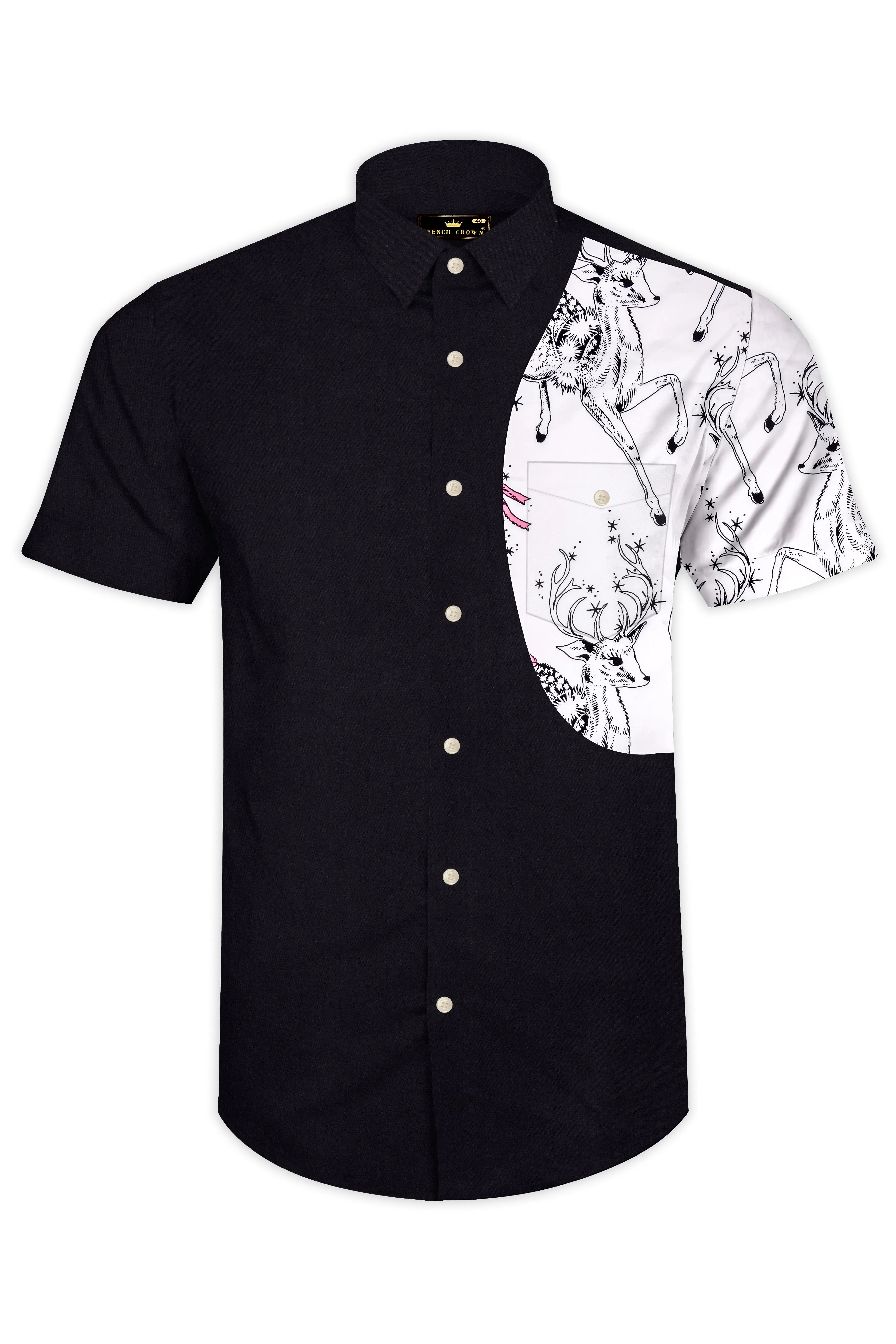 Eldeen-Jade Black And Bright White Deer Printed Subtle Sheen Super Soft Premium Cotton Casual Designer Shirt sold by French Crown product image thumbnail 2