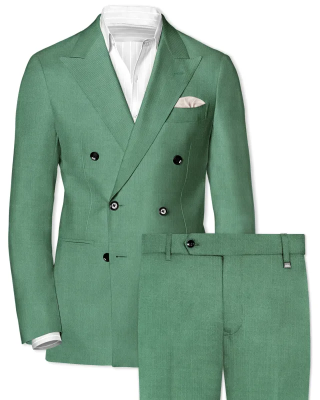 Viridian Green Solid Wool Rich Double Breasted Slight Stretch Suit sold by French Crown