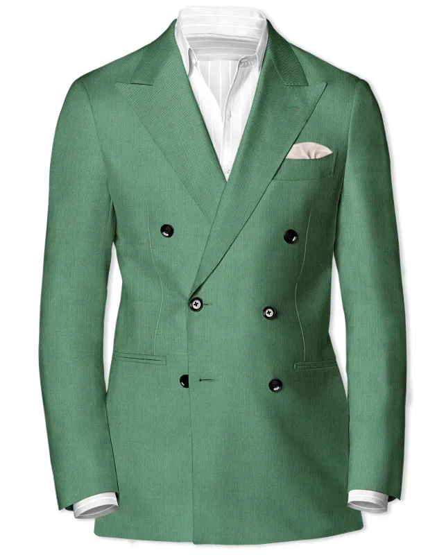 Viridian Green Solid Wool Rich Double Breasted Slight Stretch Blazer sold by French Crown