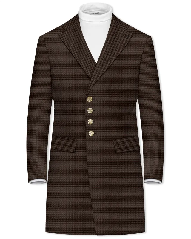 Brunwick-Cocoa Brown houndstooth Textured Wool Rich Single Breasted Overcoat sold by French Crown