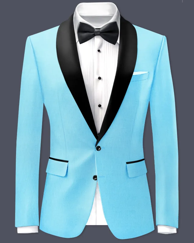 Iceland-Aquamarine Blue Wool Rich Tuxedo Slight Stretch Blazer sold by French Crown