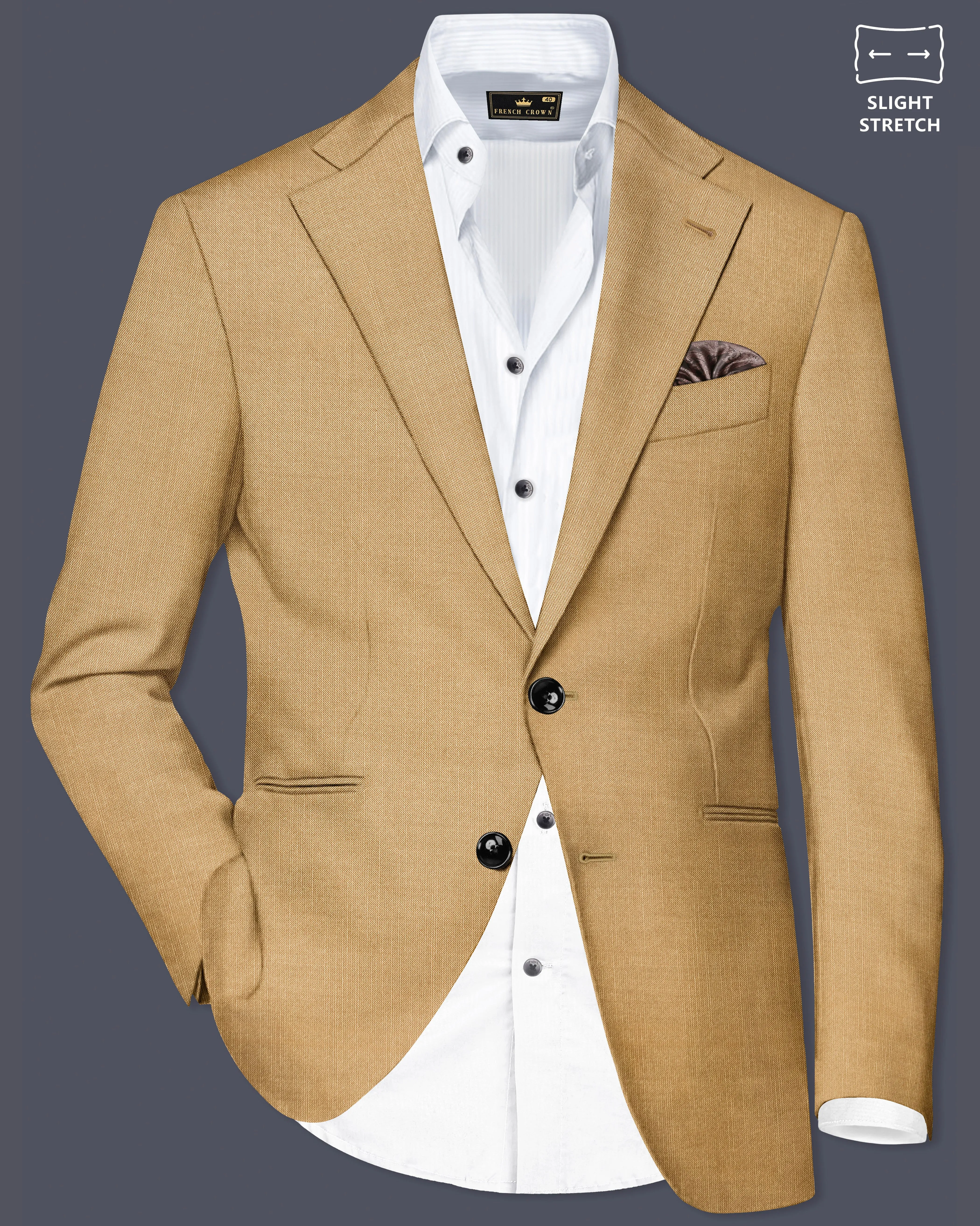 Sepia-Twine Brown Solid Wool Rich Single Breasted Slight Stretch Blazer sold by French Crown