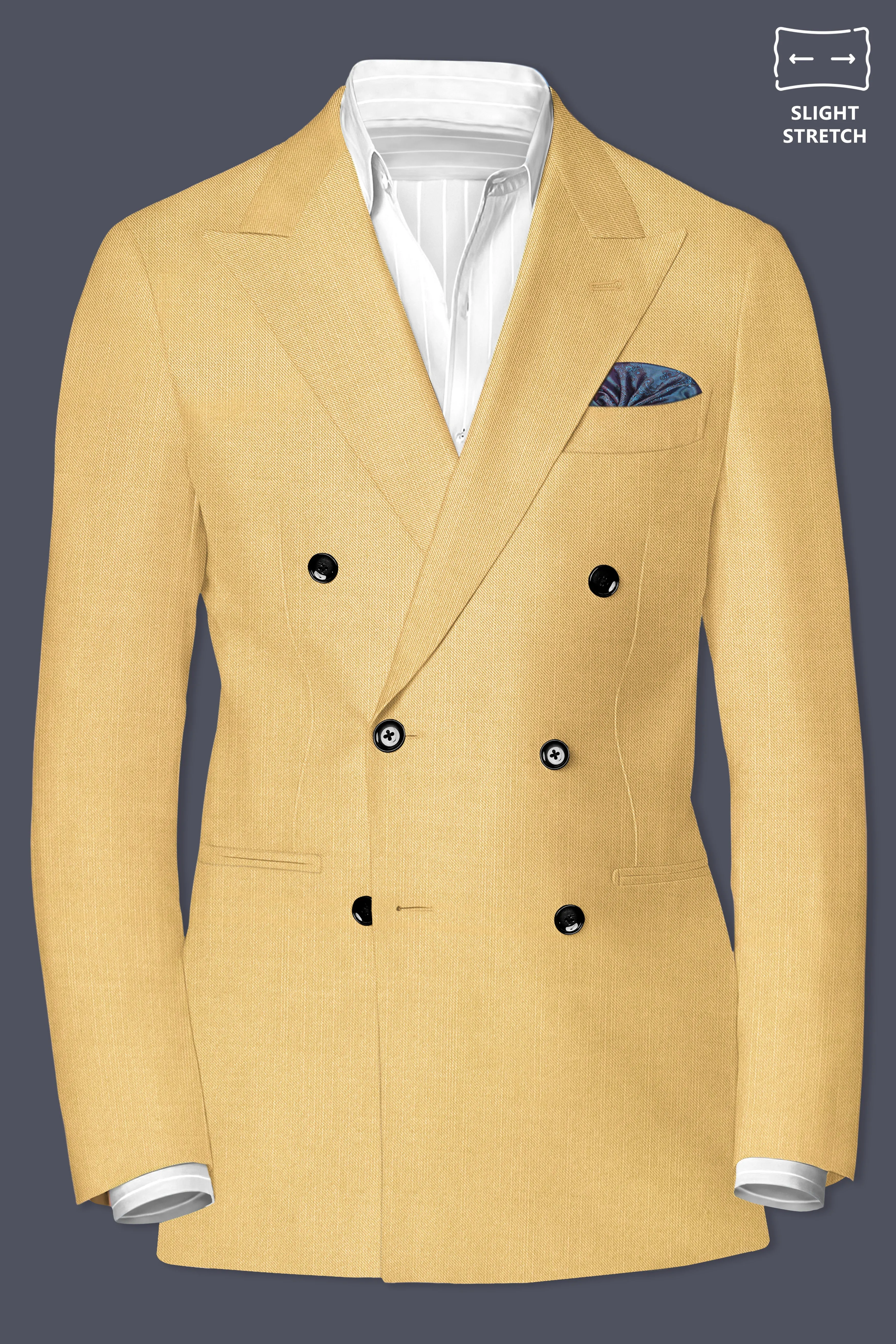 Saffron-Harvest Yellow Solid Wool Rich Double Breasted Slight Stretch Blazer sold by French Crown product image thumbnail 2