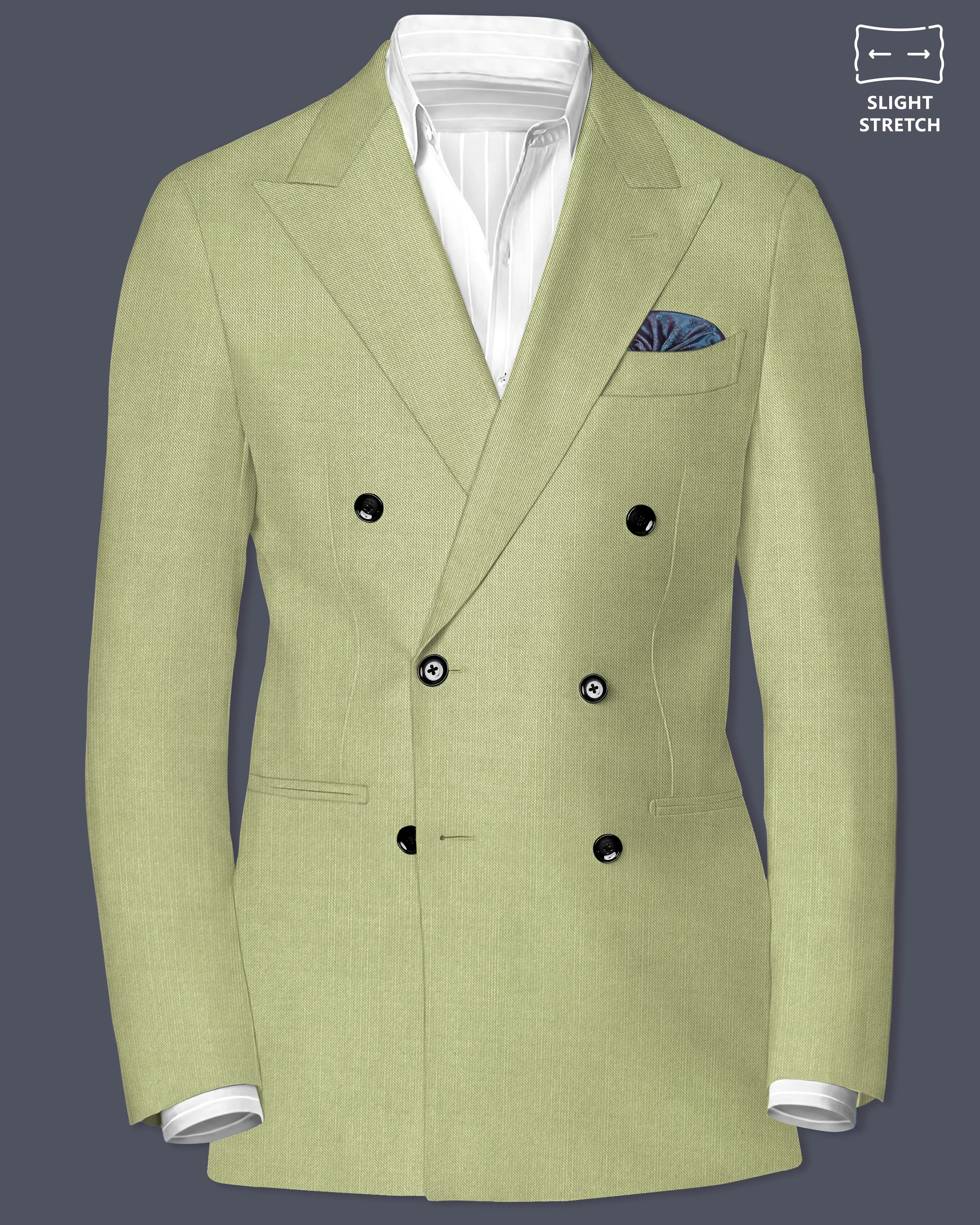 Marsh-Swamp Green Solid Wool Rich Double Breasted Slight Stretch Blazer sold by French Crown
