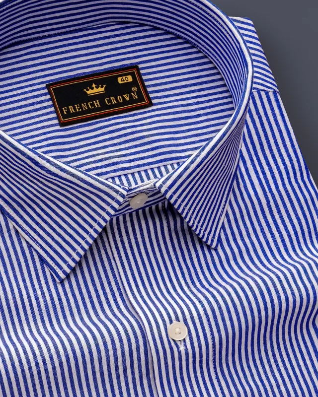 Oceawhite-Sapphire Blue And Bright White Striped Super Soft Premium Dress Shirt sold by French Crown
