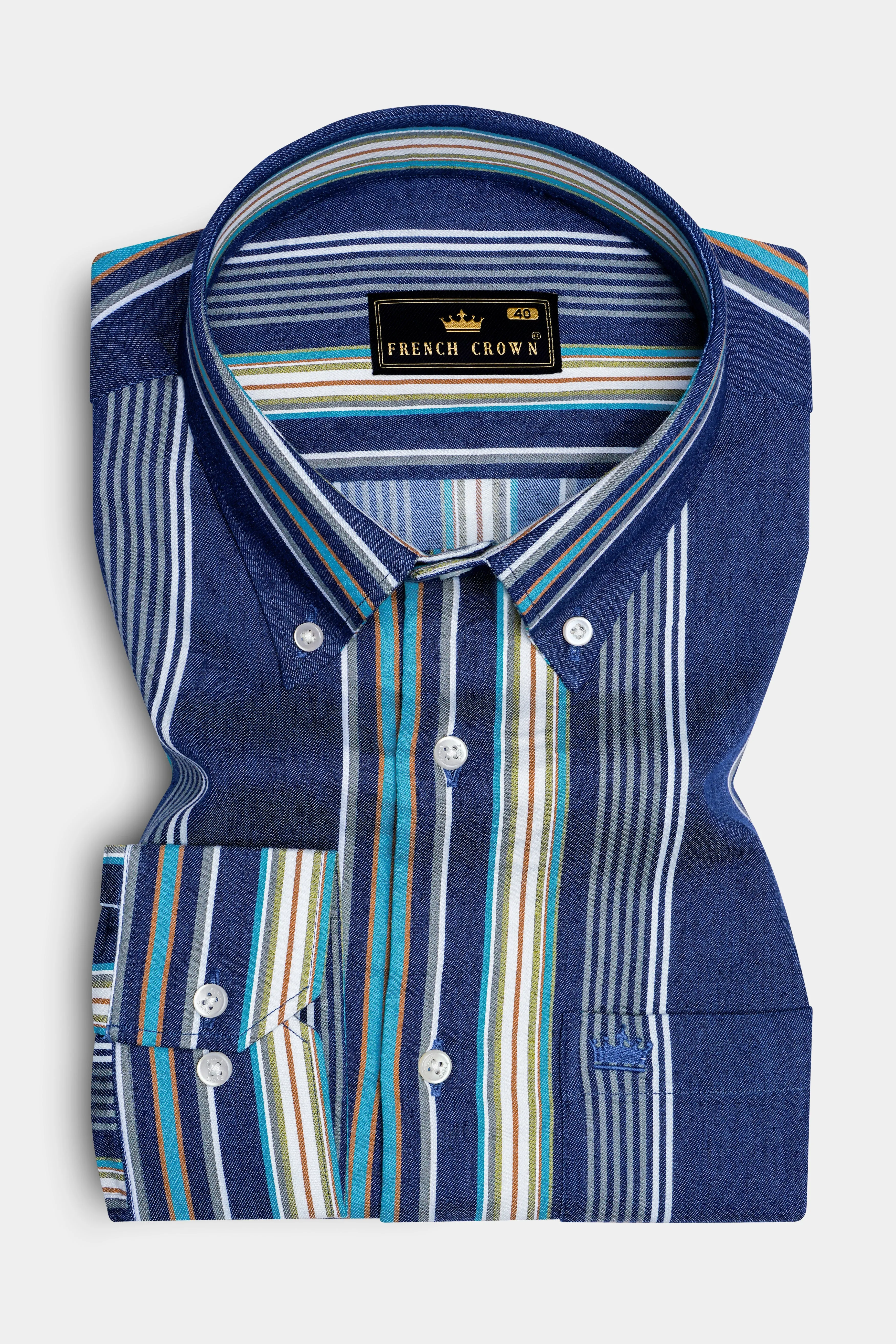 Denique-Bunting Blue Multicoloured Striped Indigo Denim Casual Shirt sold by French Crown product image thumbnail 4