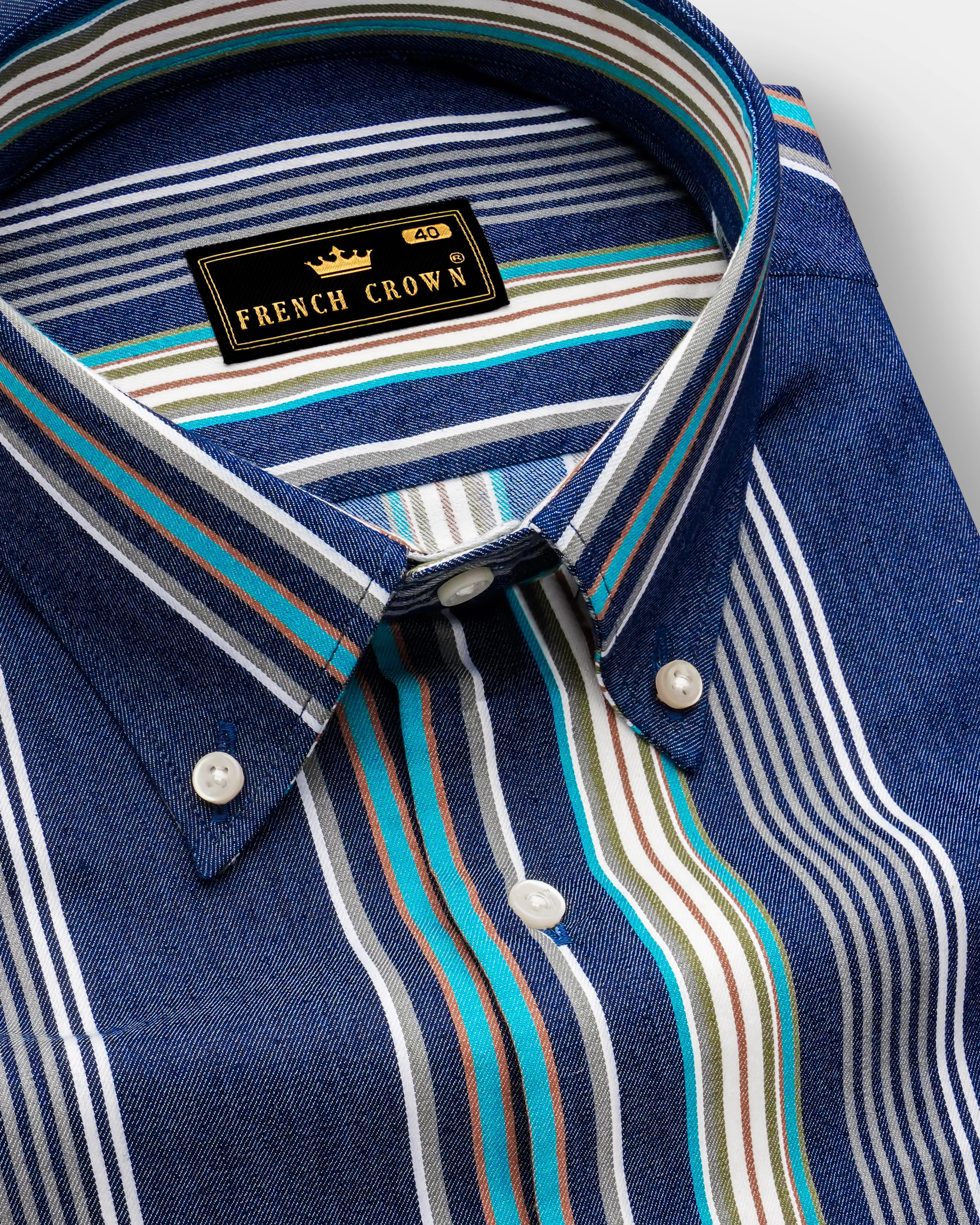 Denique-Bunting Blue Multicoloured Striped Indigo Denim Casual Shirt sold by French Crown