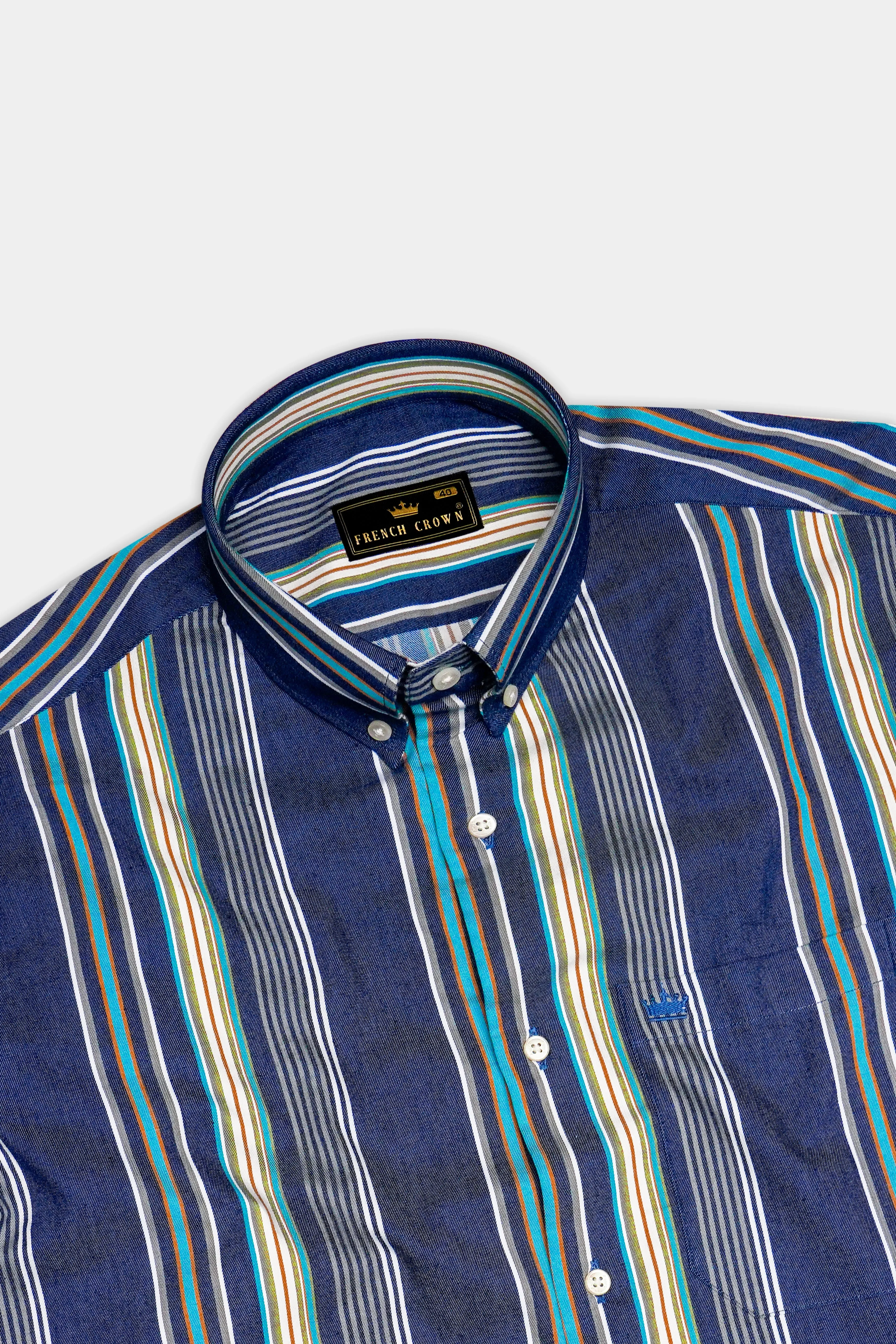 Denique-Bunting Blue Multicoloured Striped Indigo Denim Casual Shirt sold by French Crown product image thumbnail 5