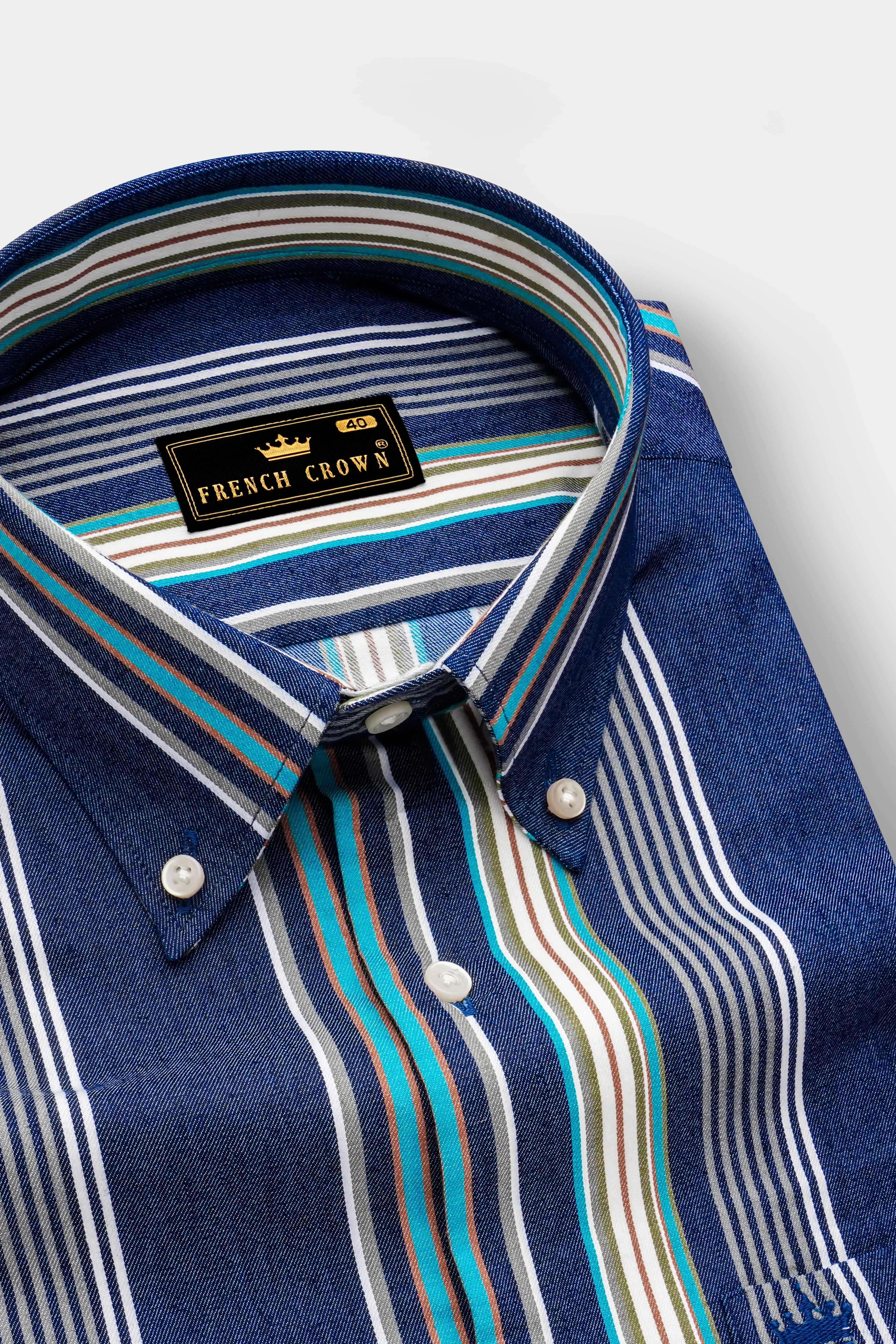 Denique-Bunting Blue Multicoloured Striped Indigo Denim Casual Shirt sold by French Crown product image thumbnail 2