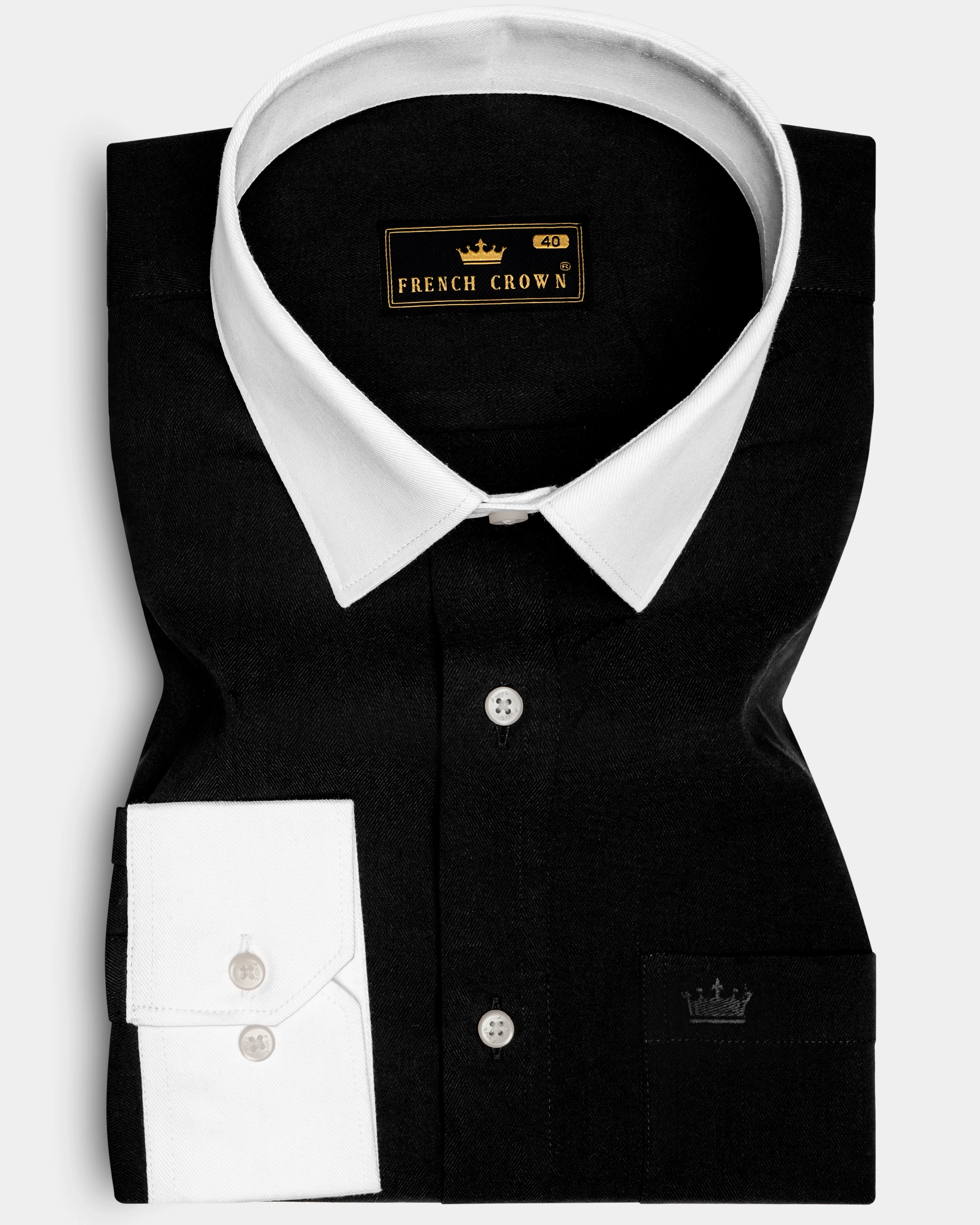 Noircuff-Jade Black Twill Premium Cotton White Cuff Collar Dress Shirt sold by French Crown