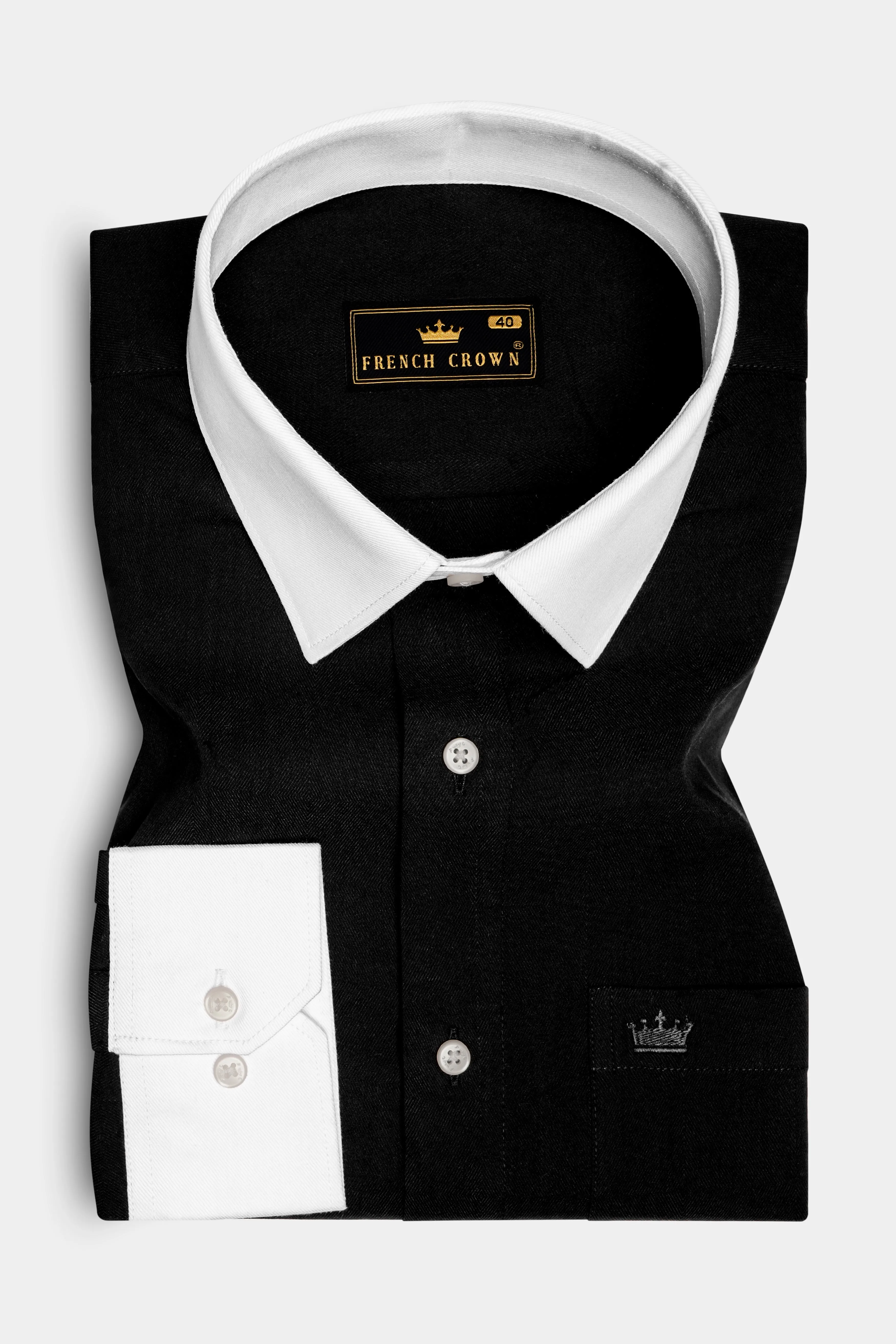 Noircuff-Jade Black Twill Premium Cotton White Cuff Collar Dress Shirt sold by French Crown product image thumbnail 2