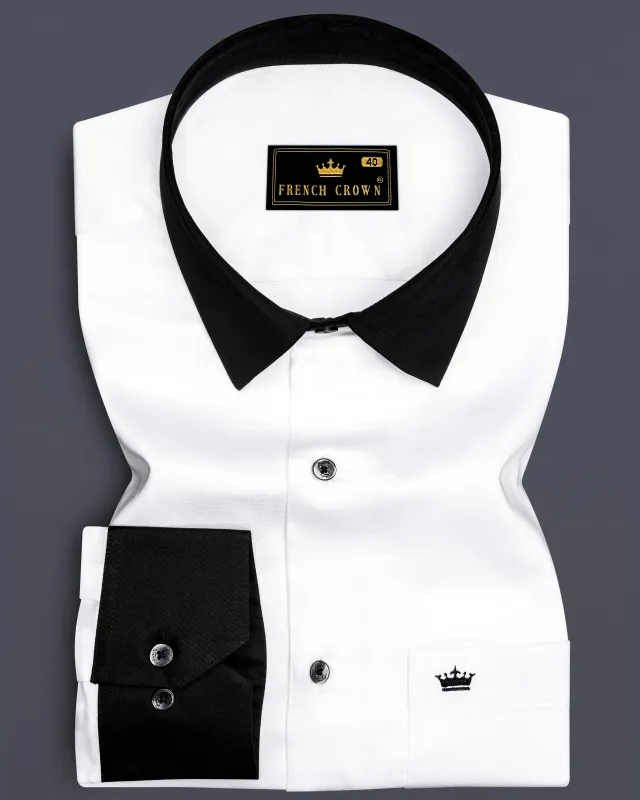 Bright White with Black Collar Subtle Sheen Premium Cotton Shirt sold by French Crown