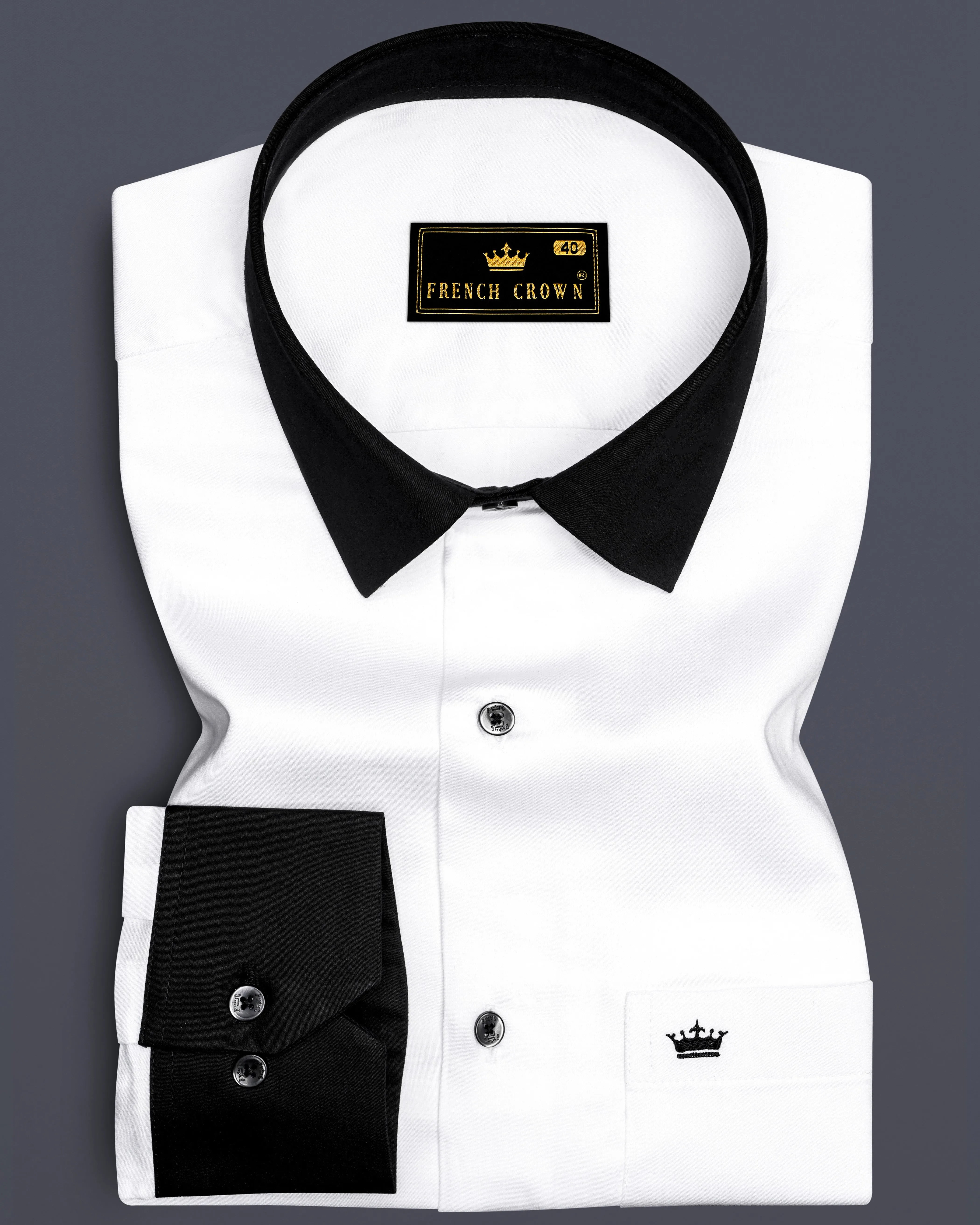 Bright White with Black Collar Subtle Sheen Premium Cotton Shirt sold by French Crown