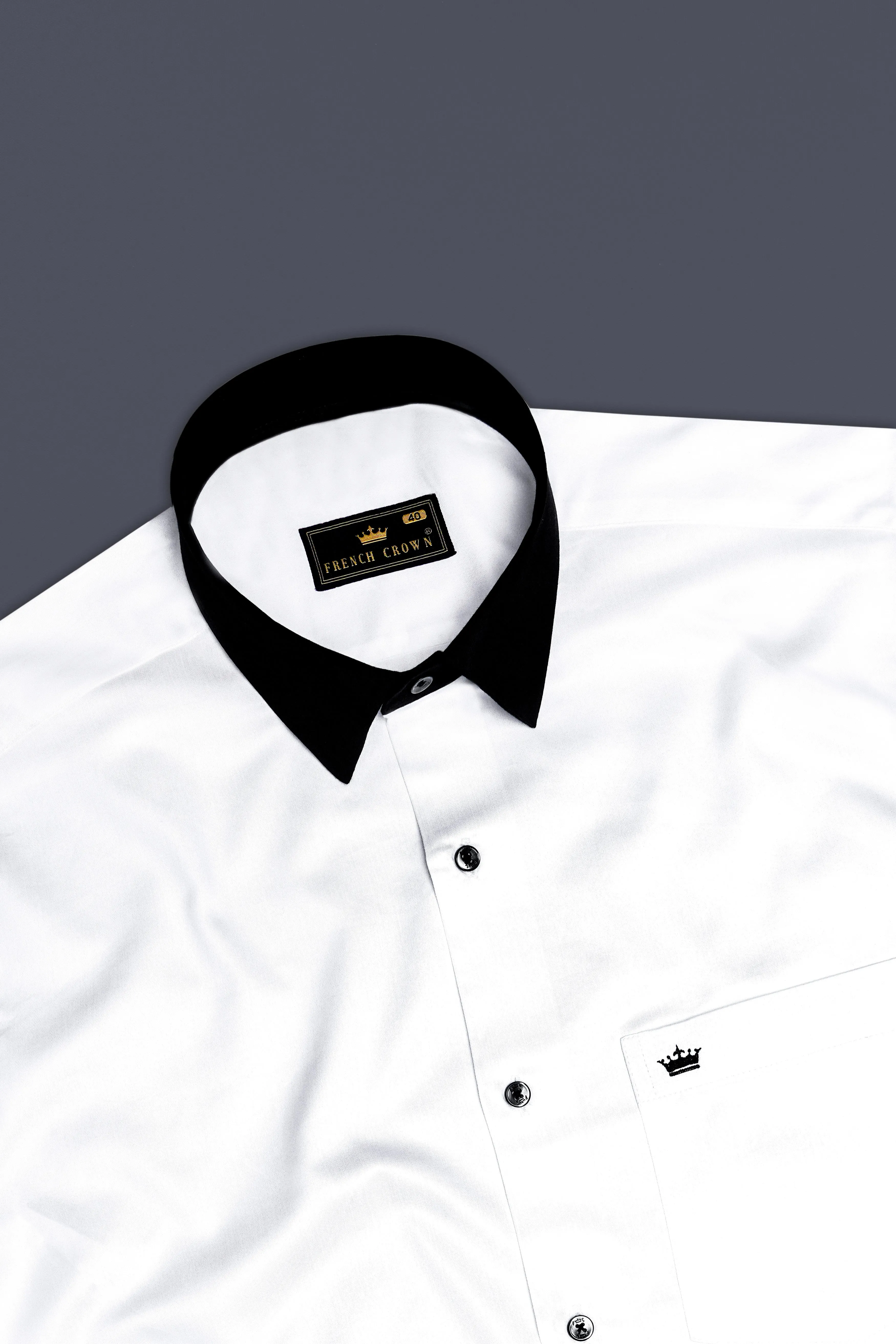 Bright White with Black Collar Subtle Sheen Premium Cotton Shirt sold by French Crown product image thumbnail 5