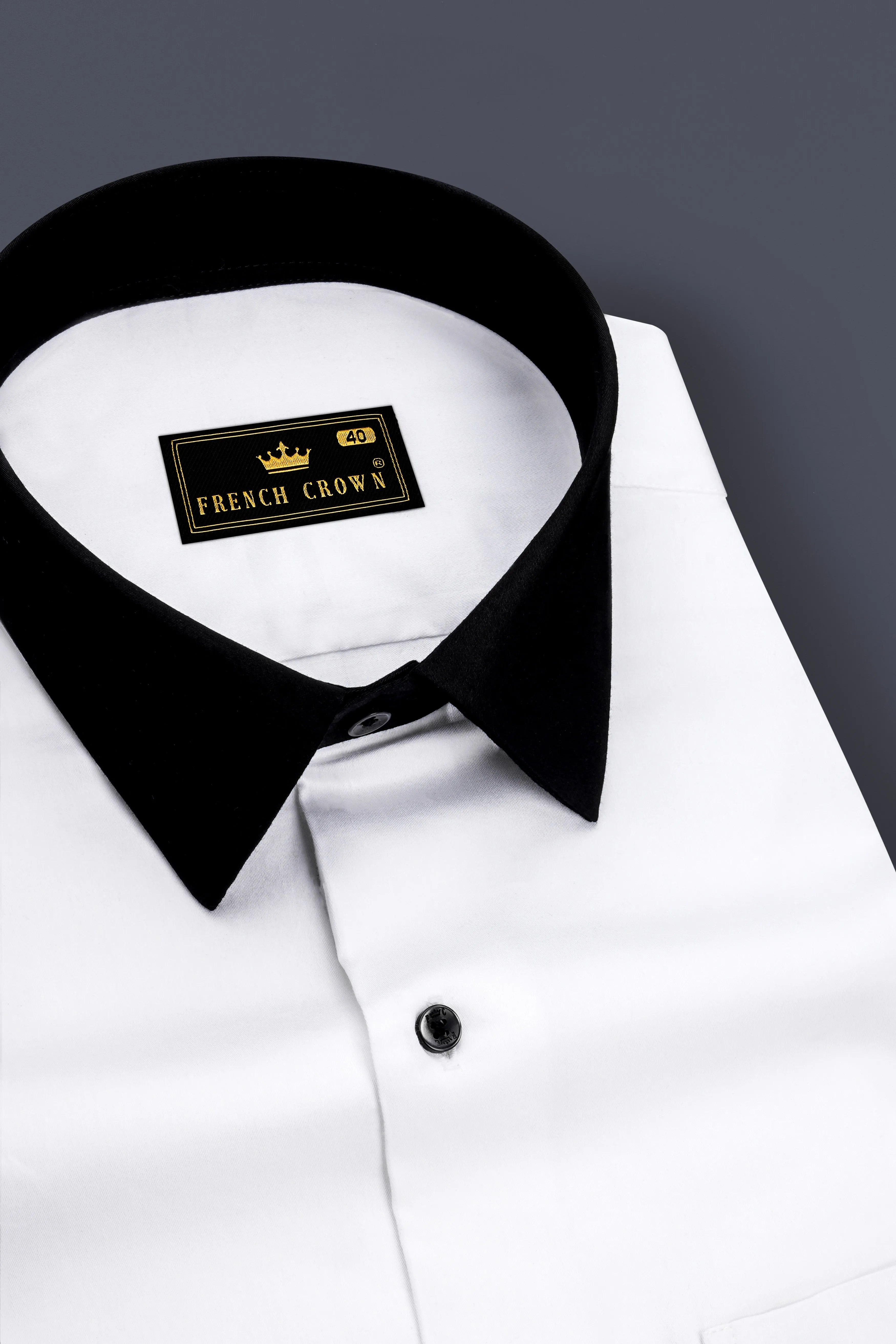 Bright White with Black Collar Subtle Sheen Premium Cotton Shirt sold by French Crown product image thumbnail 4