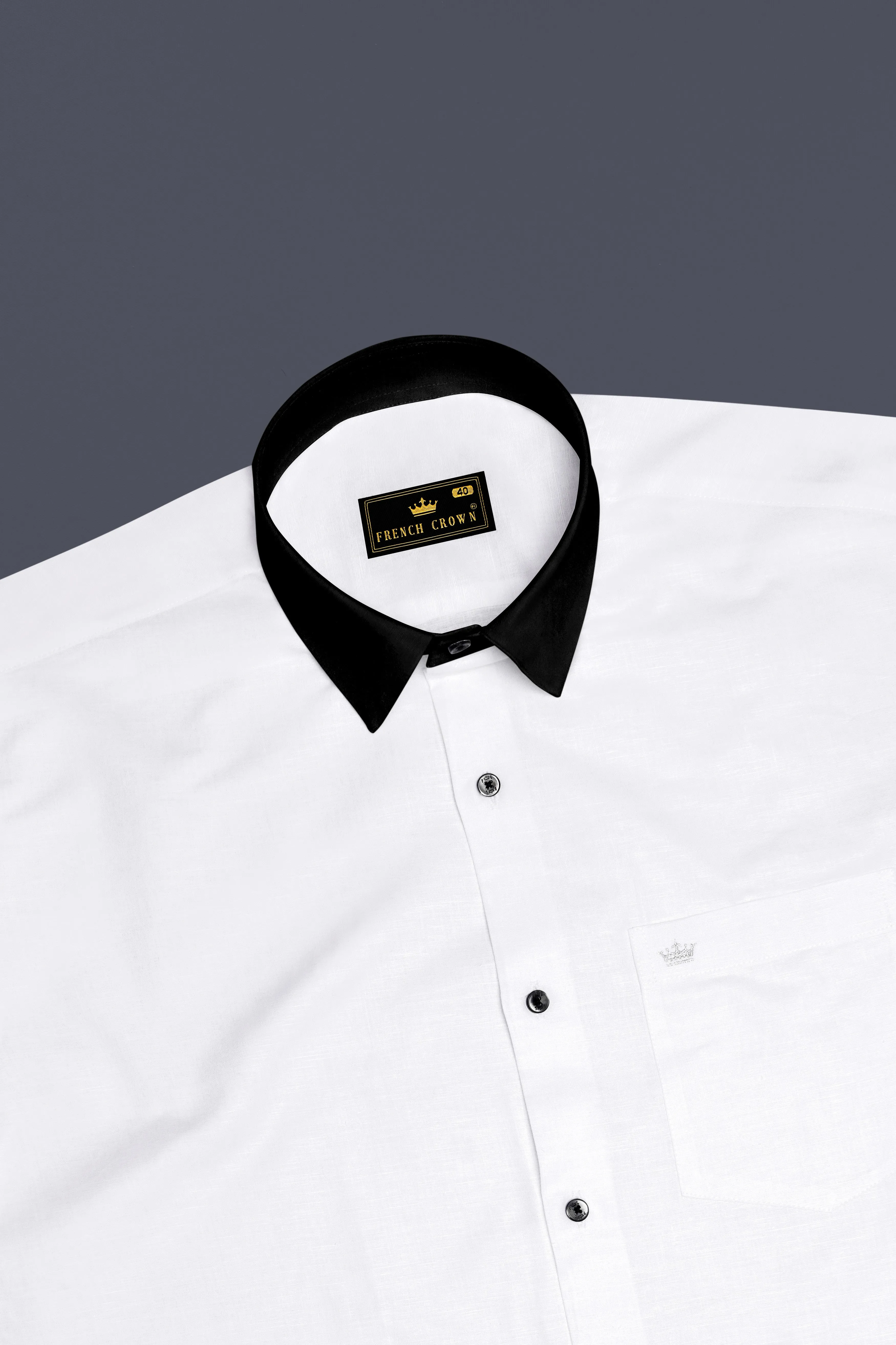 Bright White with Black Collar Luxurious Linen Shirt sold by French Crown product image thumbnail 5