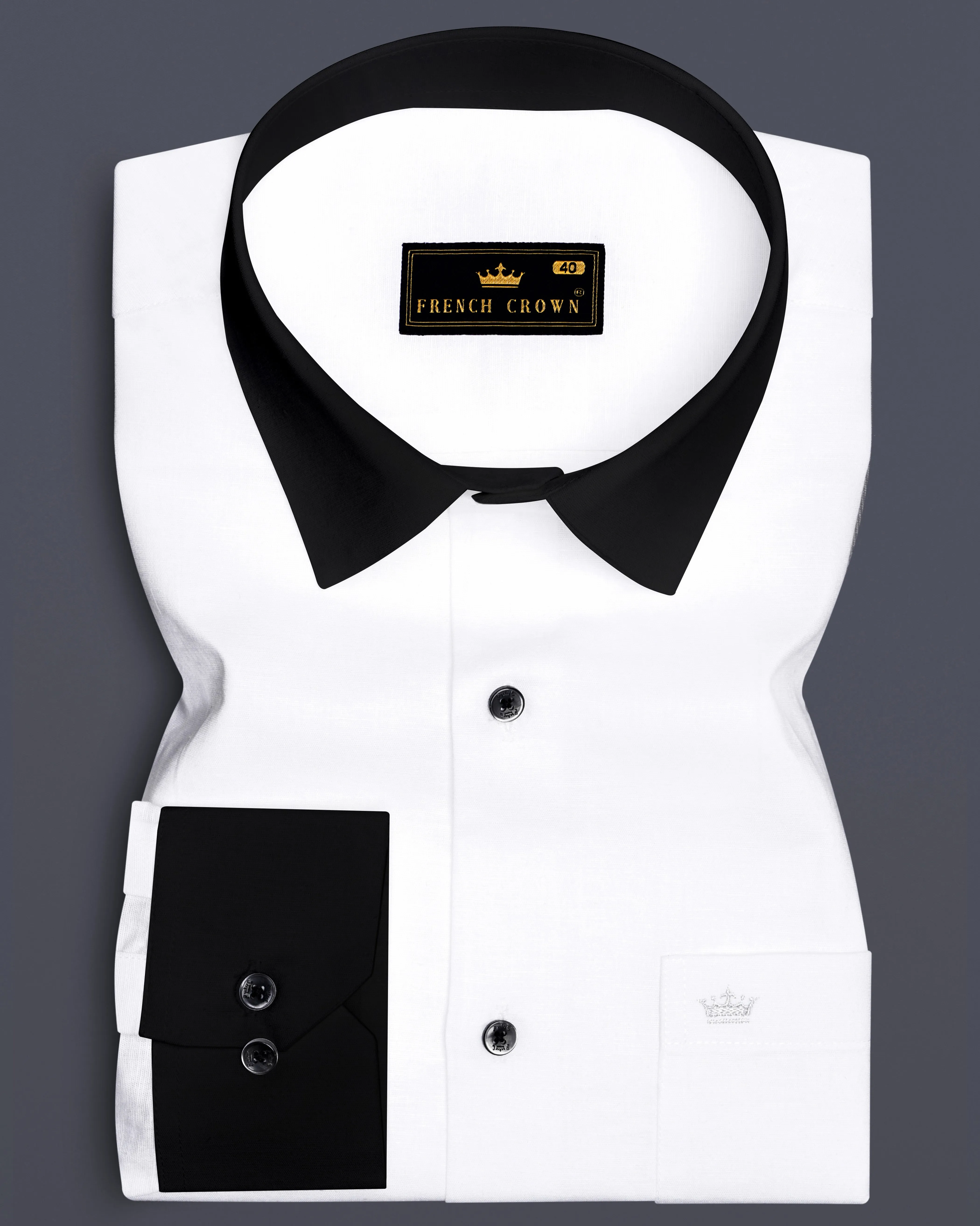 Bright White with Black Collar Luxurious Linen Shirt sold by French Crown