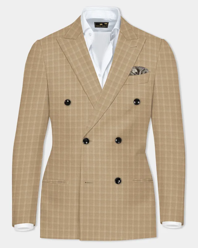 Stone Brown Plaid Wool Rich Double Breasted Blazer sold by French Crown