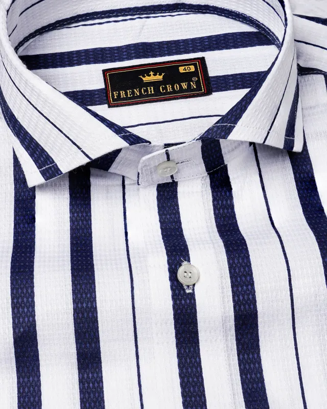Bright White and Big Stone Blue Striped Dobby Textured Premium Giza Cotton Shirt sold by French Crown