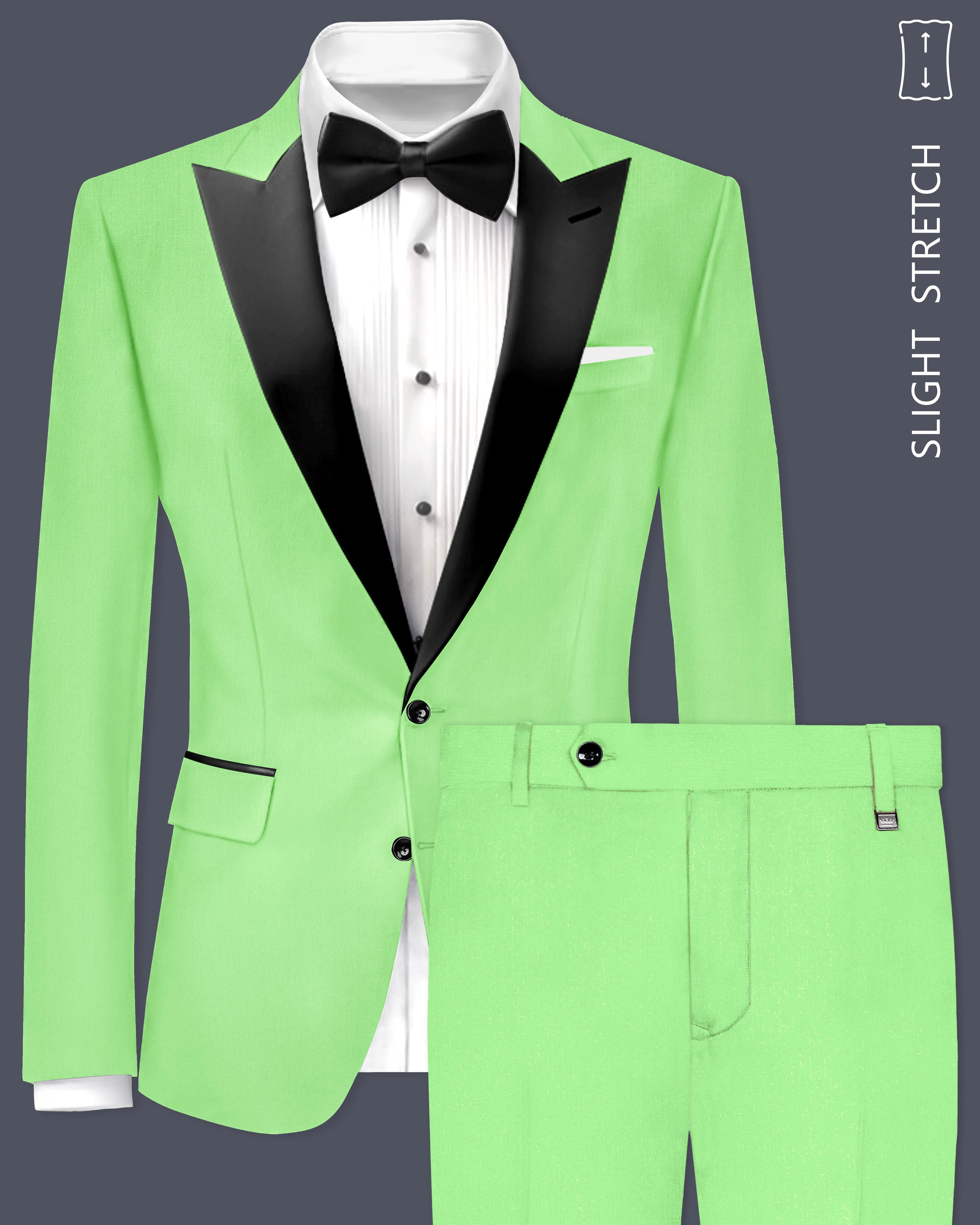 Emerald-Mint Green Solid Wool Rich Peak Lapel Tuxedo Slight Stretch Suit sold by French Crown