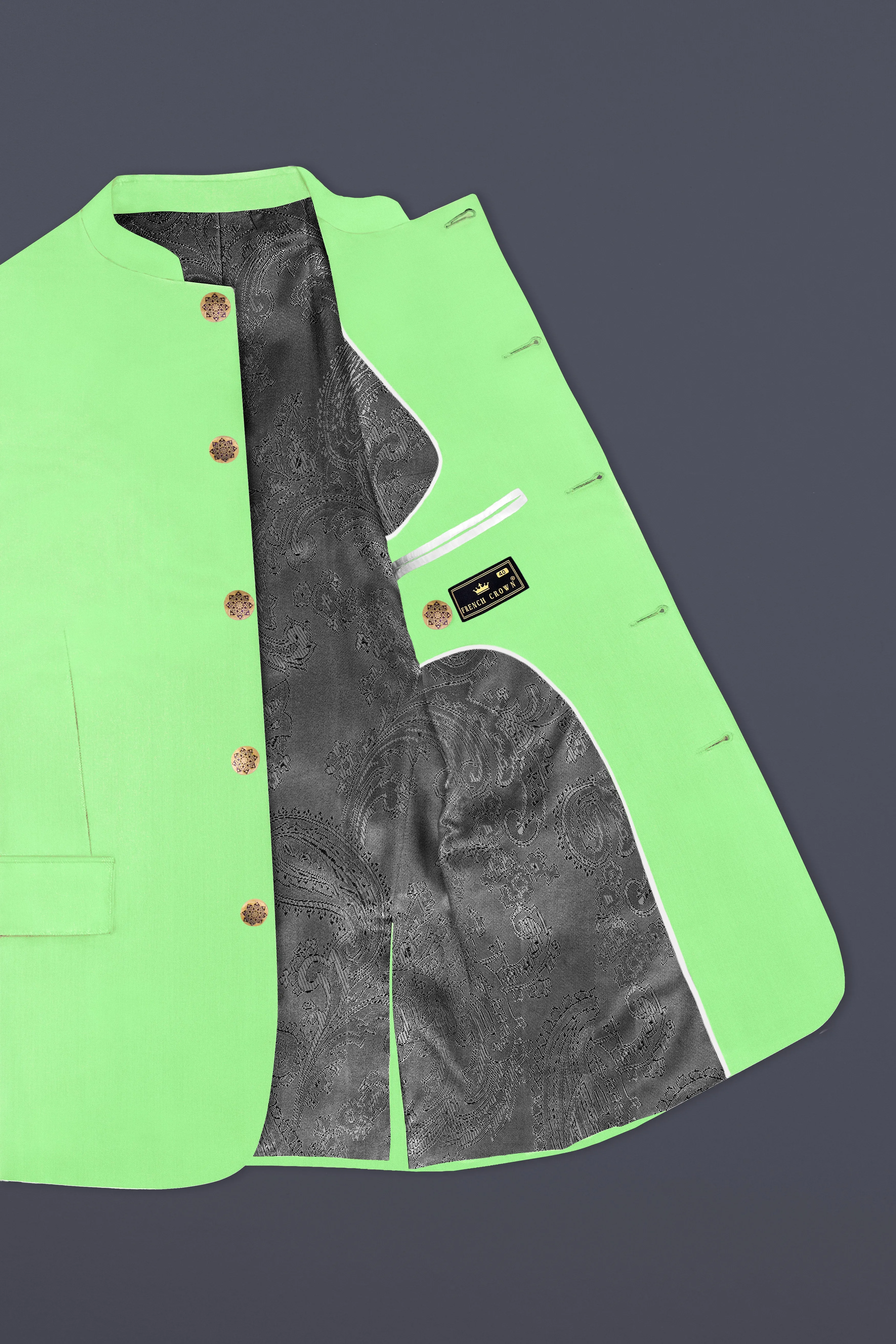 Emerald-Mint Green Solid Wool Rich Bandhgala Slight Stretch Suit sold by French Crown product image thumbnail 5