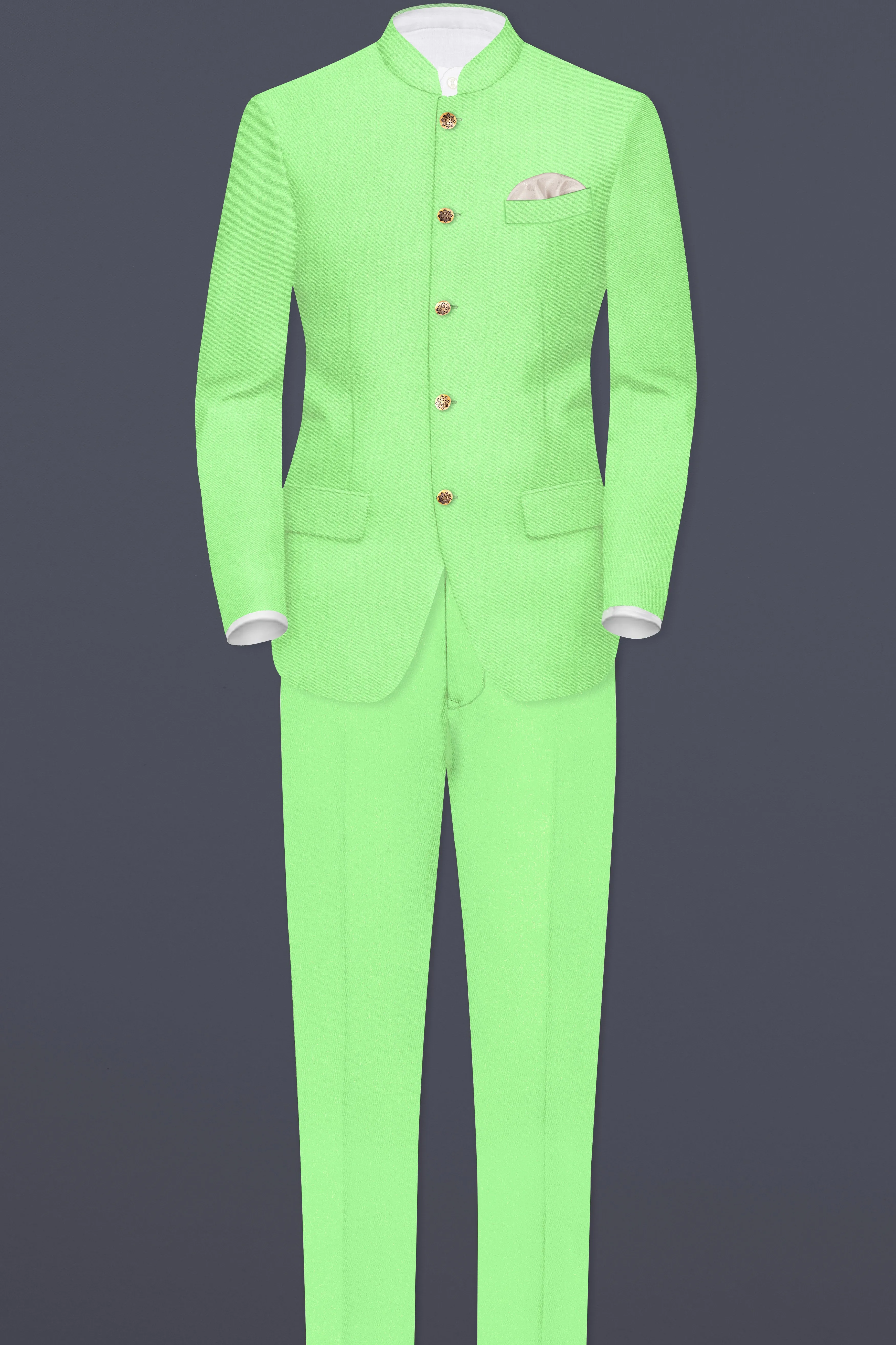 Emerald-Mint Green Solid Wool Rich Bandhgala Slight Stretch Suit sold by French Crown product image thumbnail 4