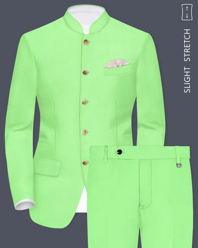 Emerald-Mint Green Solid Wool Rich Bandhgala Slight Stretch Suit sold by French Crown