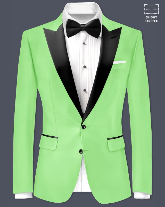 Emerald-Mint Green Solid Wool Rich Peak Lapel Tuxedo Slight Stretch Blazer sold by French Crown