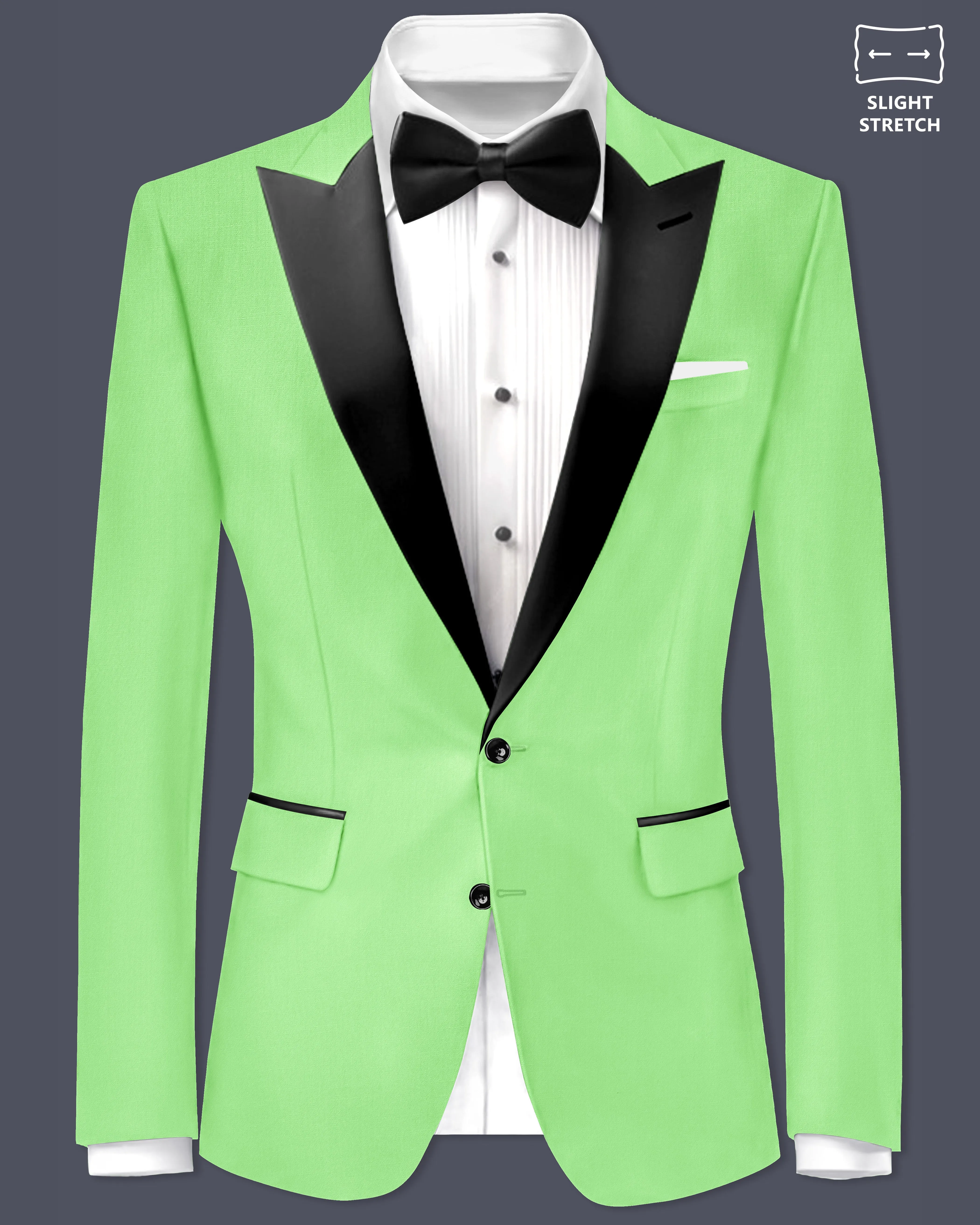 Emerald-Mint Green Solid Wool Rich Peak Lapel Slight Stretch Tuxedo Blazer sold by French Crown