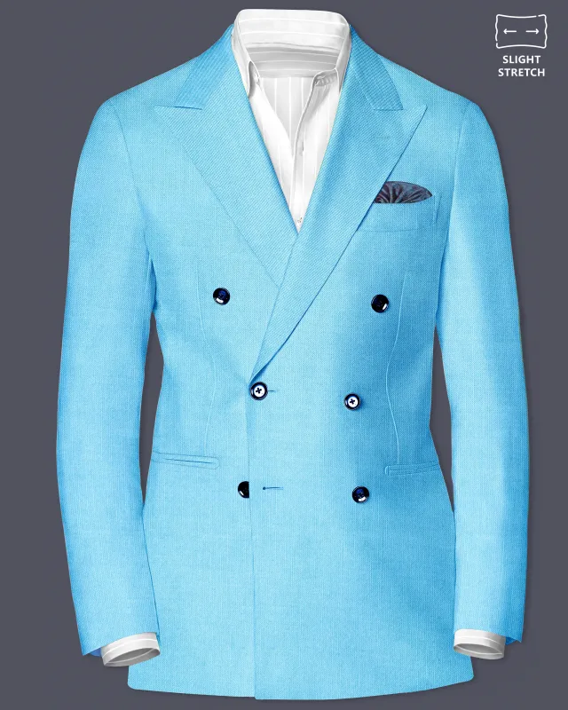 Iceland-Aquamarine Blue Solid Wool Rich Double Breasted Slight Stretch Blazer sold by French Crown