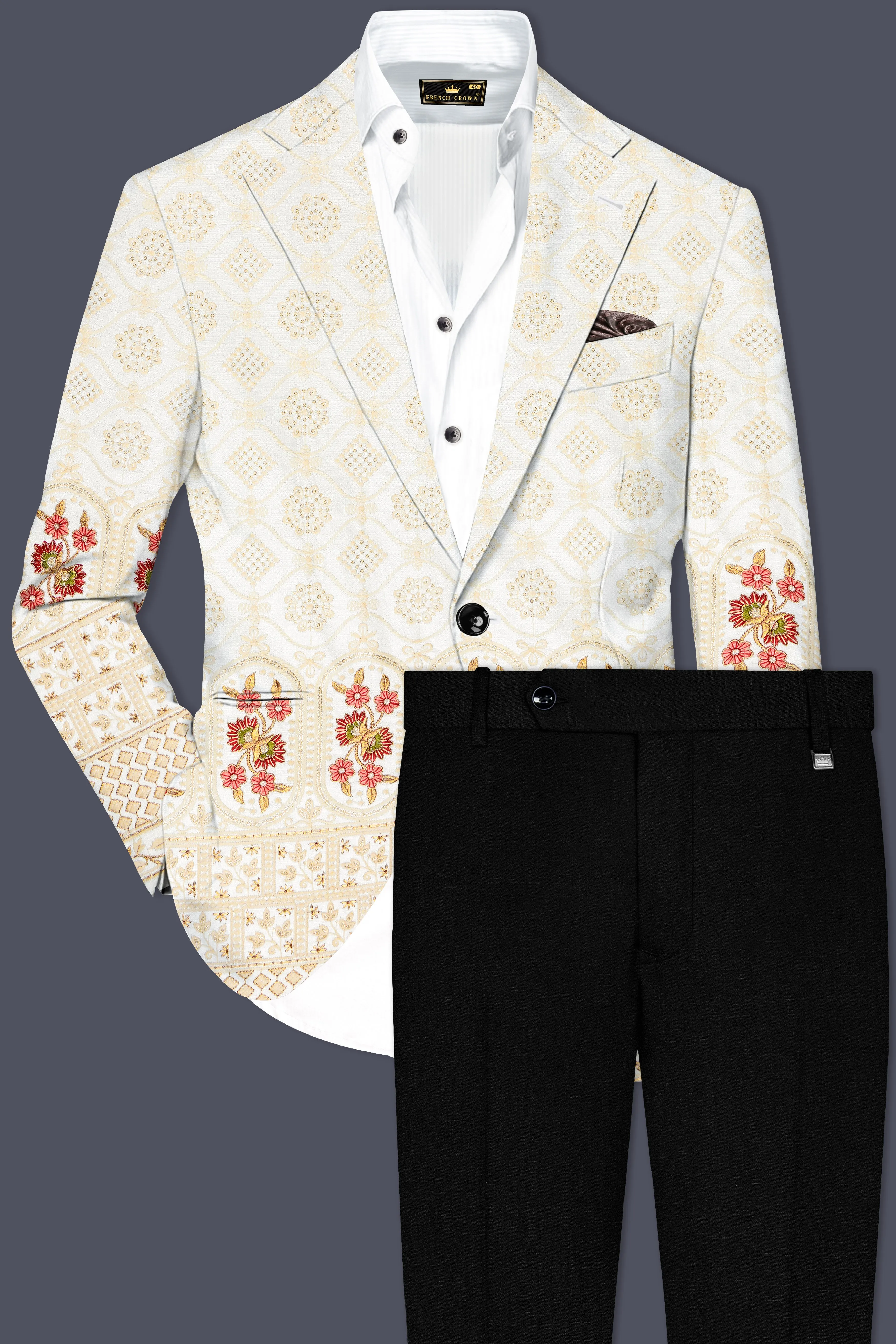 Ecru Off White And Peachy Pink Sequin and thread Embroidered Single Breasted Suit sold by French Crown product image thumbnail 2