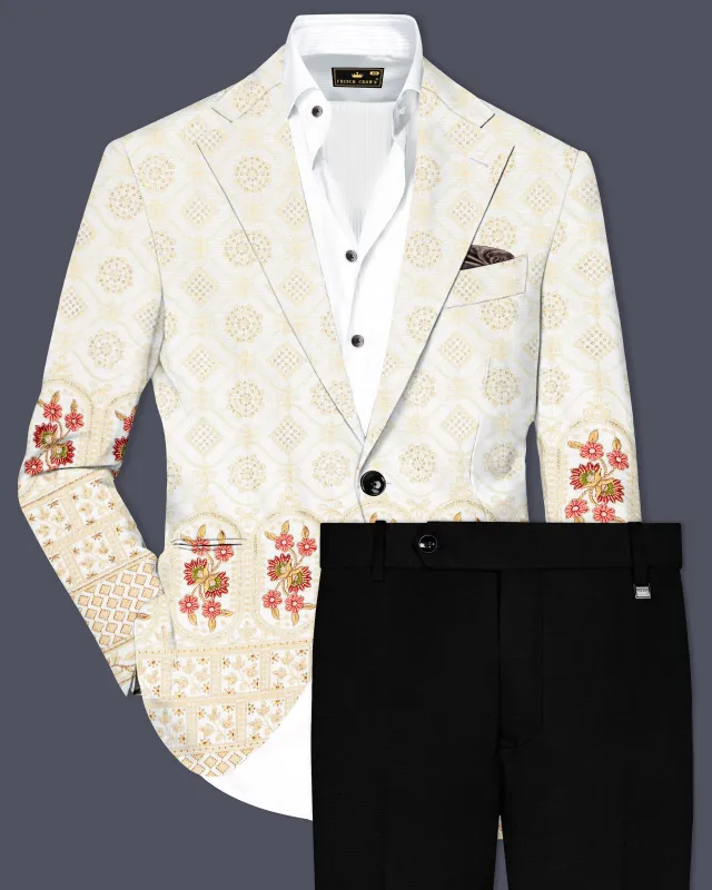 Ecru Off White And Peachy Pink Sequin and thread Embroidered Single Breasted Suit sold by French Crown