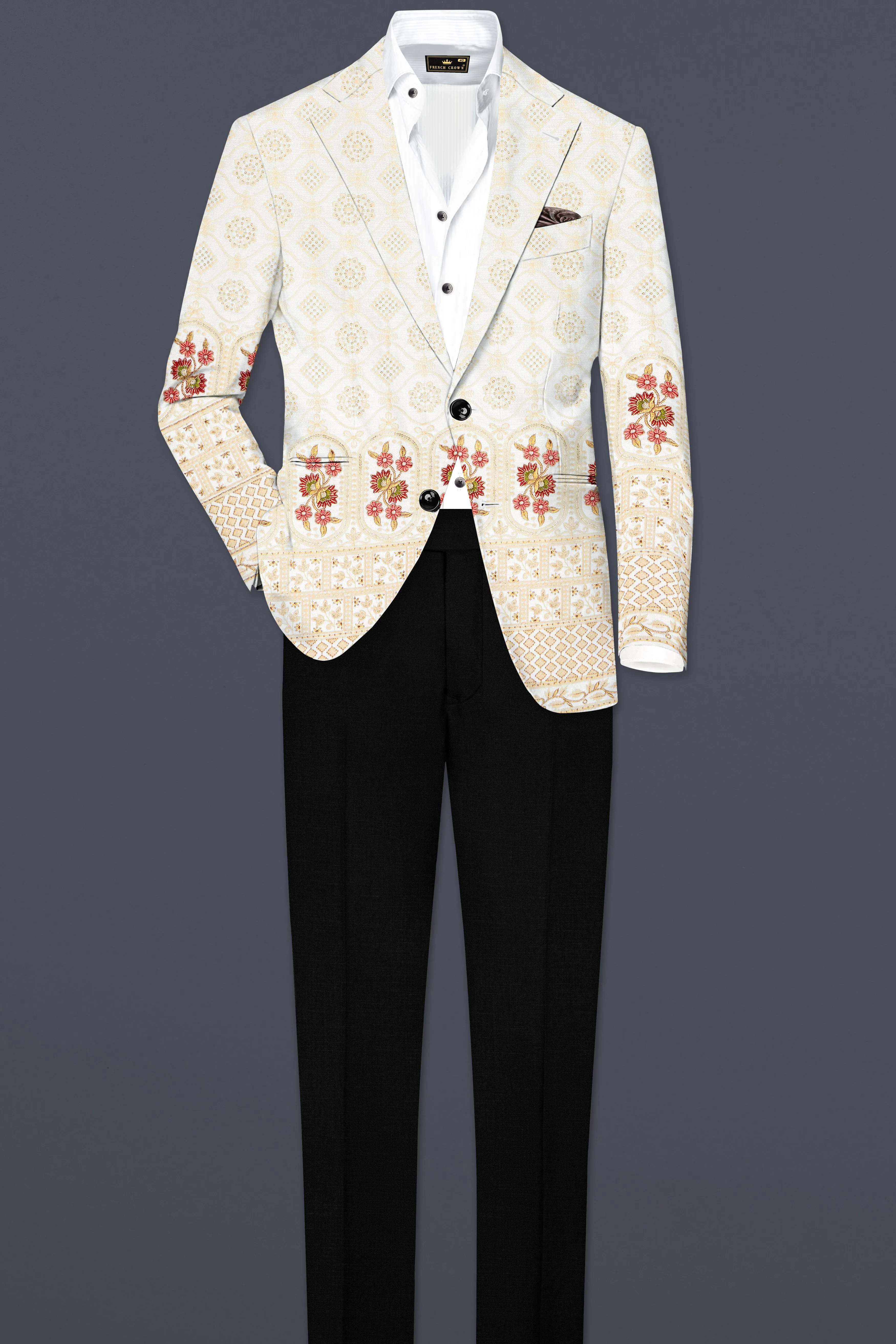 Ecru Off White And Peachy Pink Sequin and thread Embroidered Single Breasted Suit sold by French Crown product image thumbnail 4