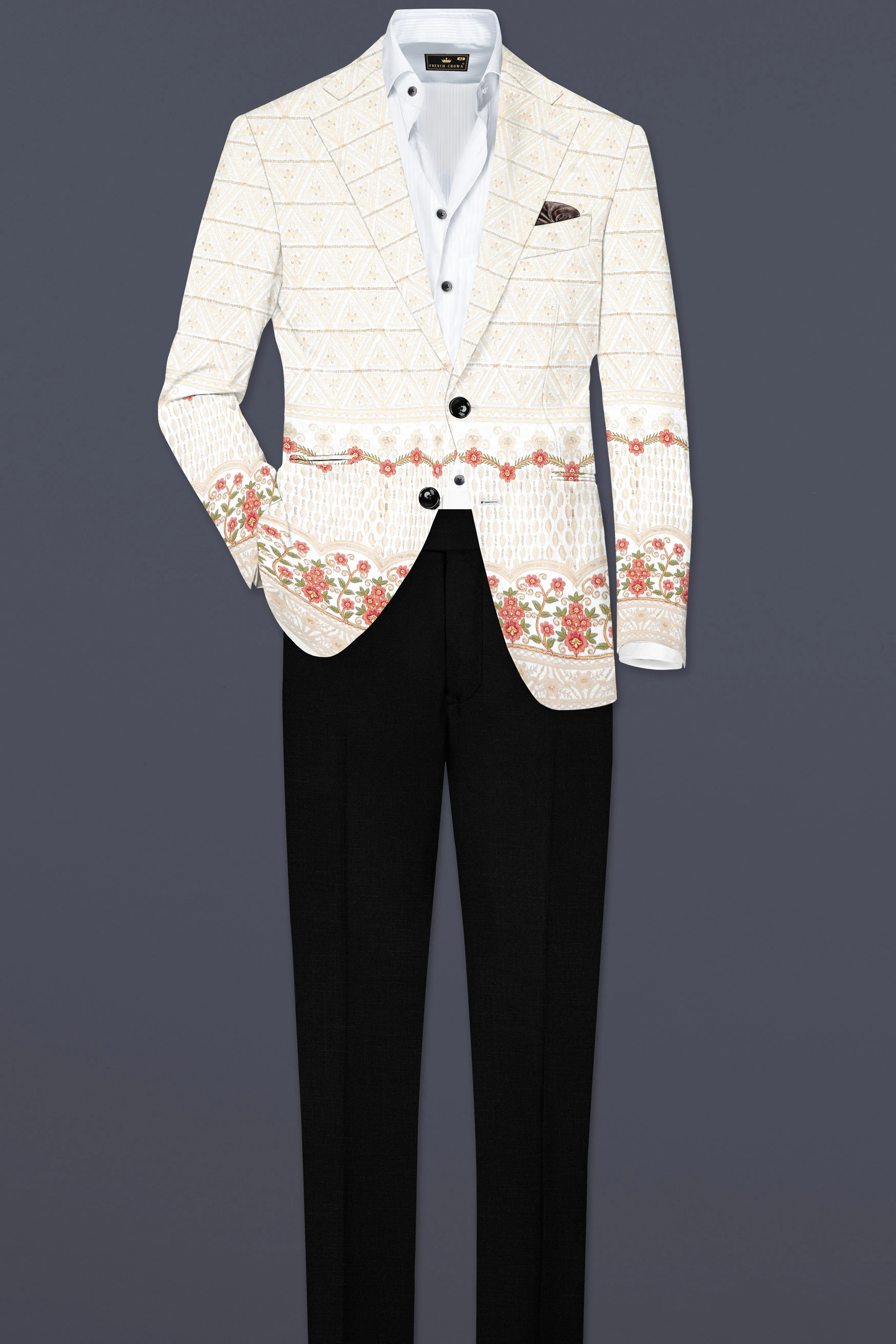 Fantasy Off White And Blush Pink Sequin and thread Embroidered Single Breasted Suit sold by French Crown product image thumbnail 4