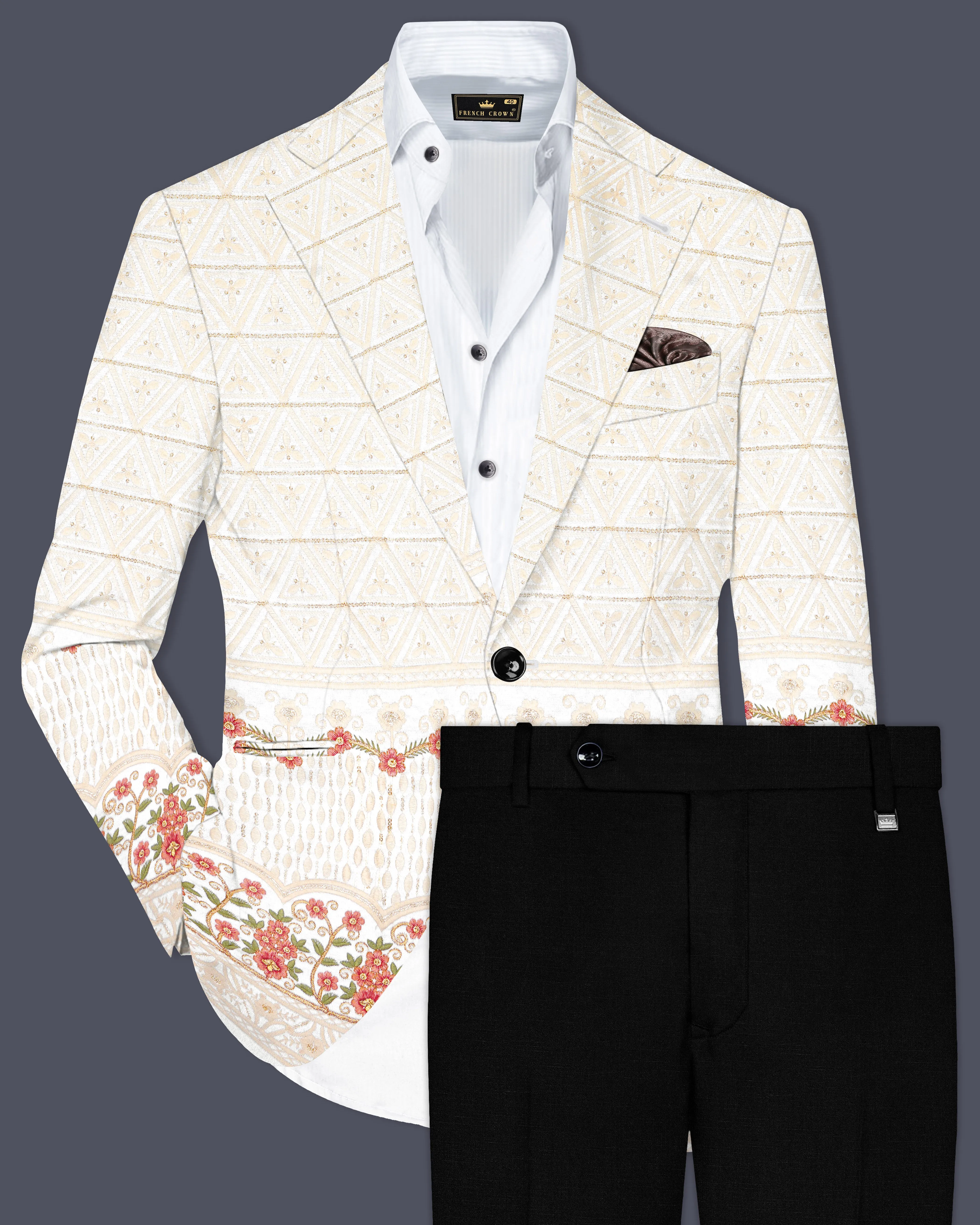 Fantasy Off White And Blush Pink Sequin and thread Embroidered Single Breasted Suit sold by French Crown
