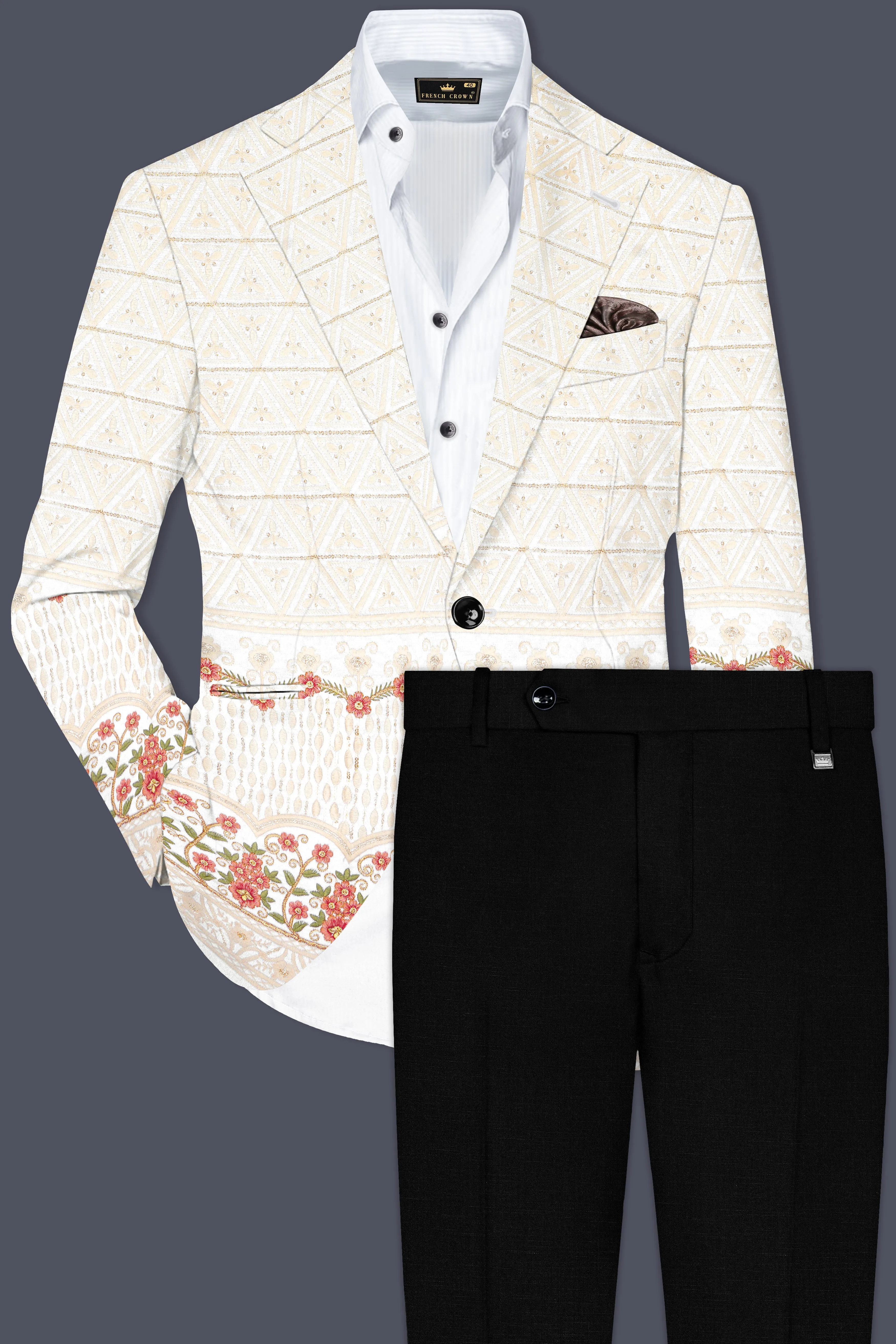 Fantasy Off White And Blush Pink Sequin and thread Embroidered Single Breasted Suit sold by French Crown product image thumbnail 2