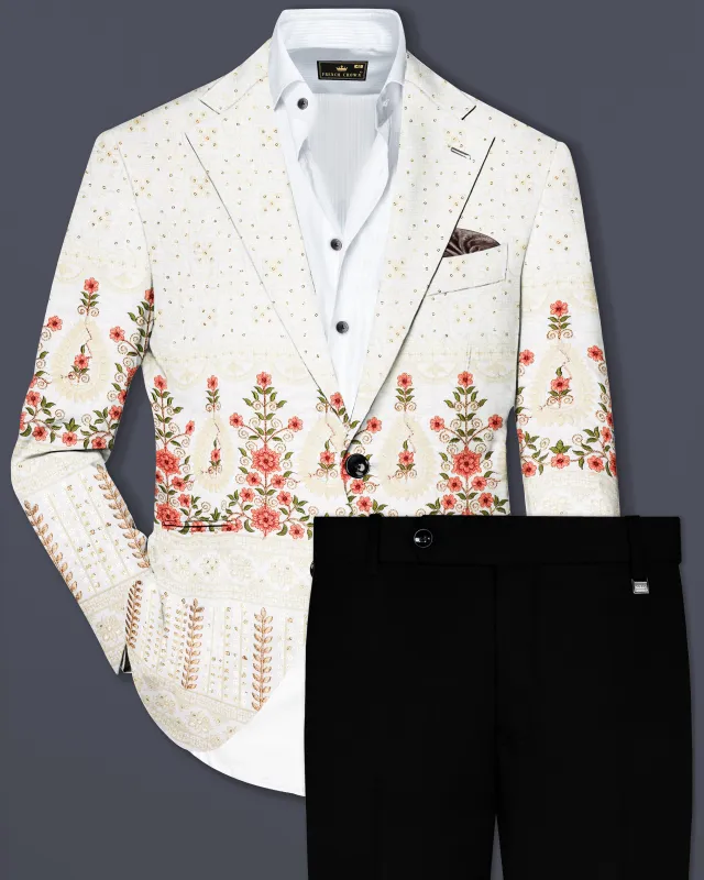 Almond Off White And Salmon Pink Sequin and thread Embroidered Single Breasted Suit sold by French Crown