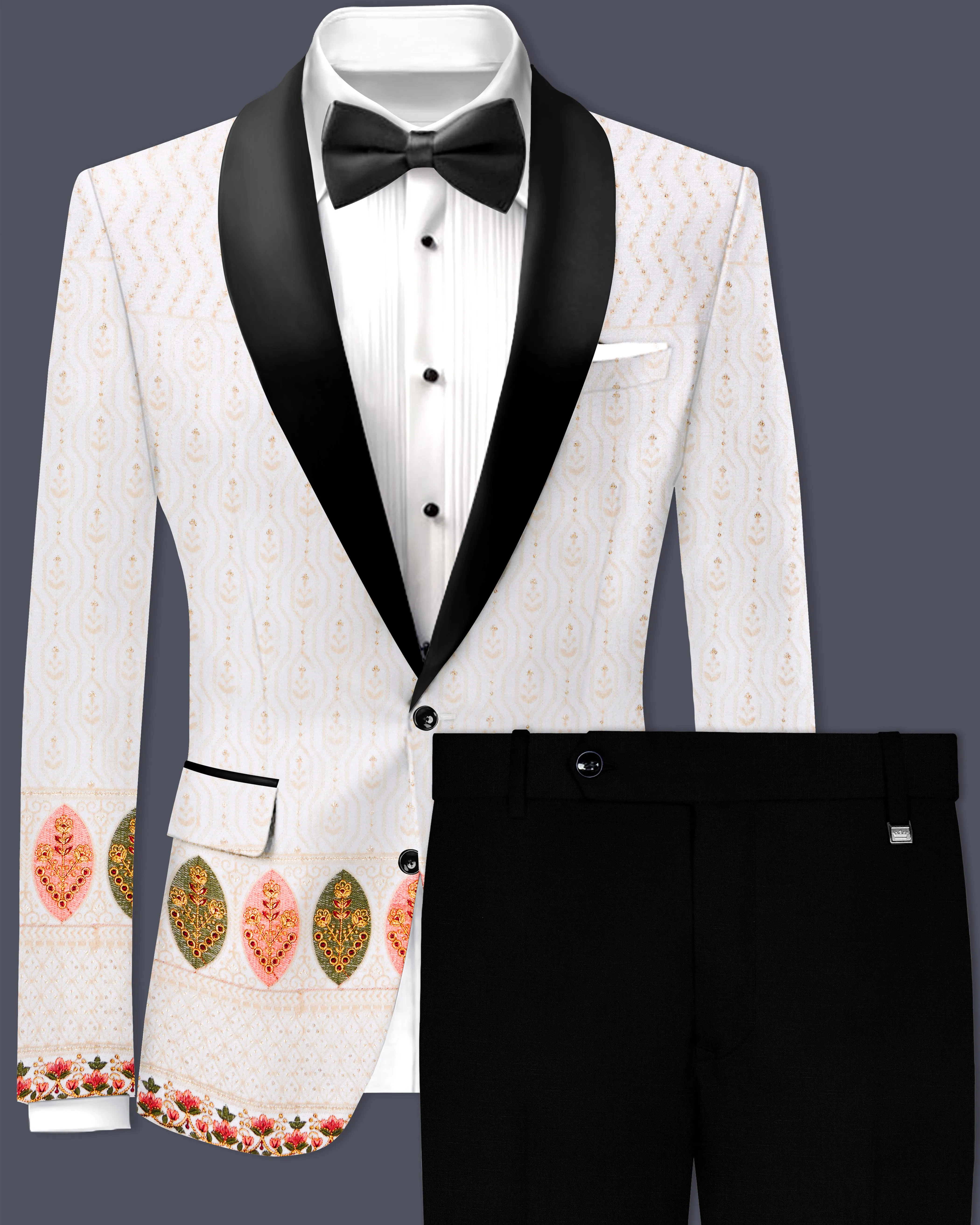 Bright White And Blush Peach Multicolor Sequin and thread leaf Embroidered Tuxedo Suit sold by French Crown