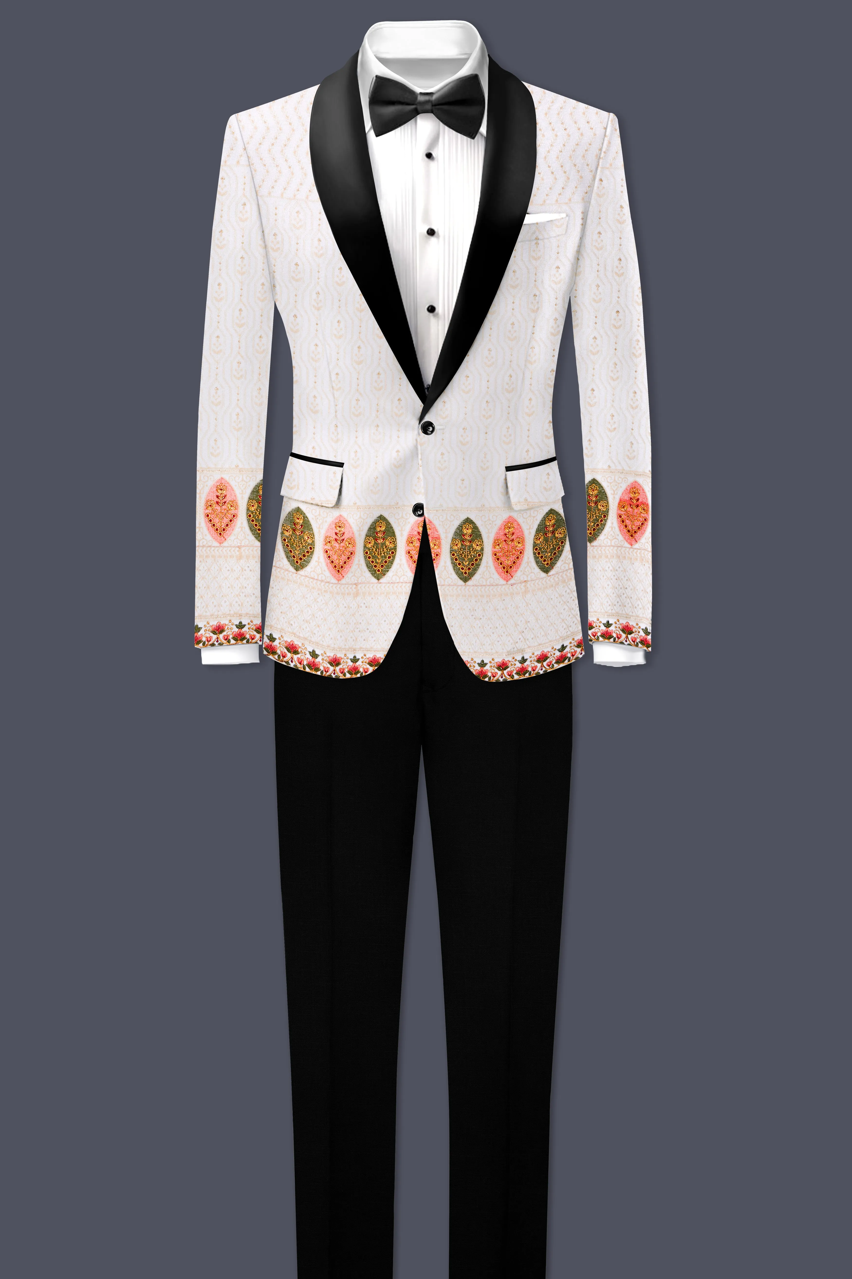 Bright White And Blush Peach Multicolor Sequin and thread leaf Embroidered Tuxedo Suit sold by French Crown product image thumbnail 4