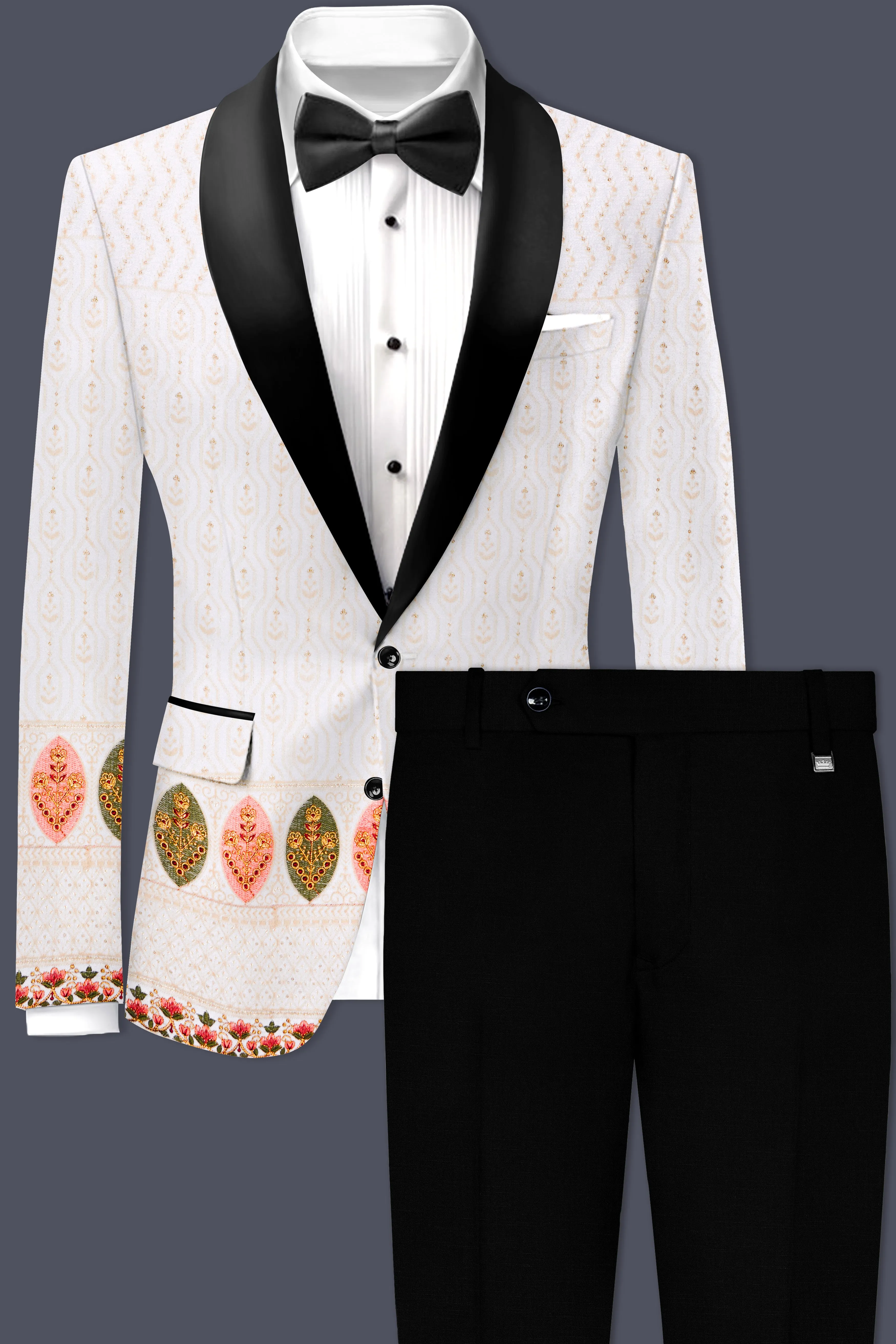 Bright White And Blush Peach Multicolor Sequin and thread leaf Embroidered Tuxedo Suit sold by French Crown product image thumbnail 2