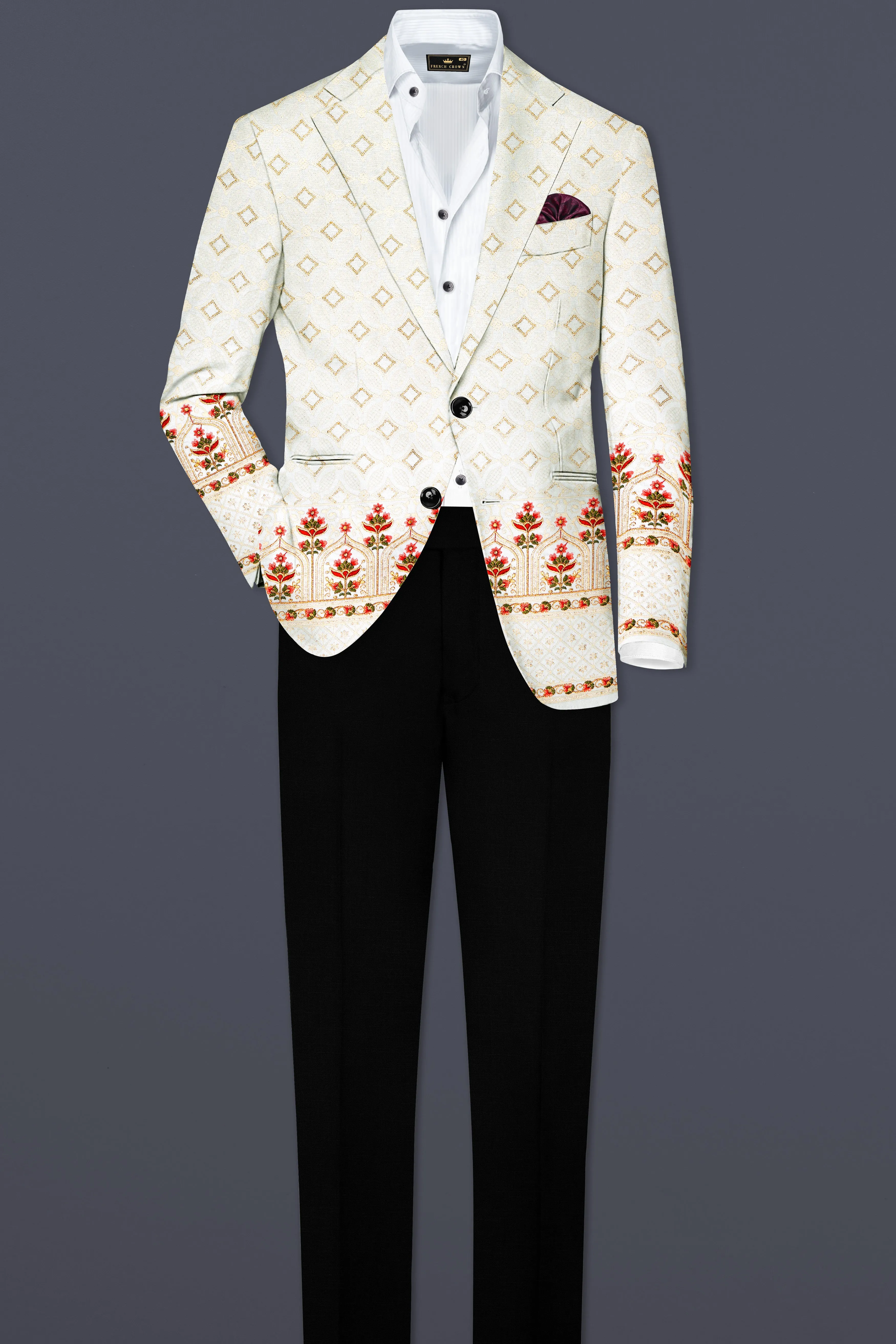 Off White And Sunset Pink Flower Multicolor Sequin and thread Embroidered Single Breasted Suit sold by French Crown product image thumbnail 4