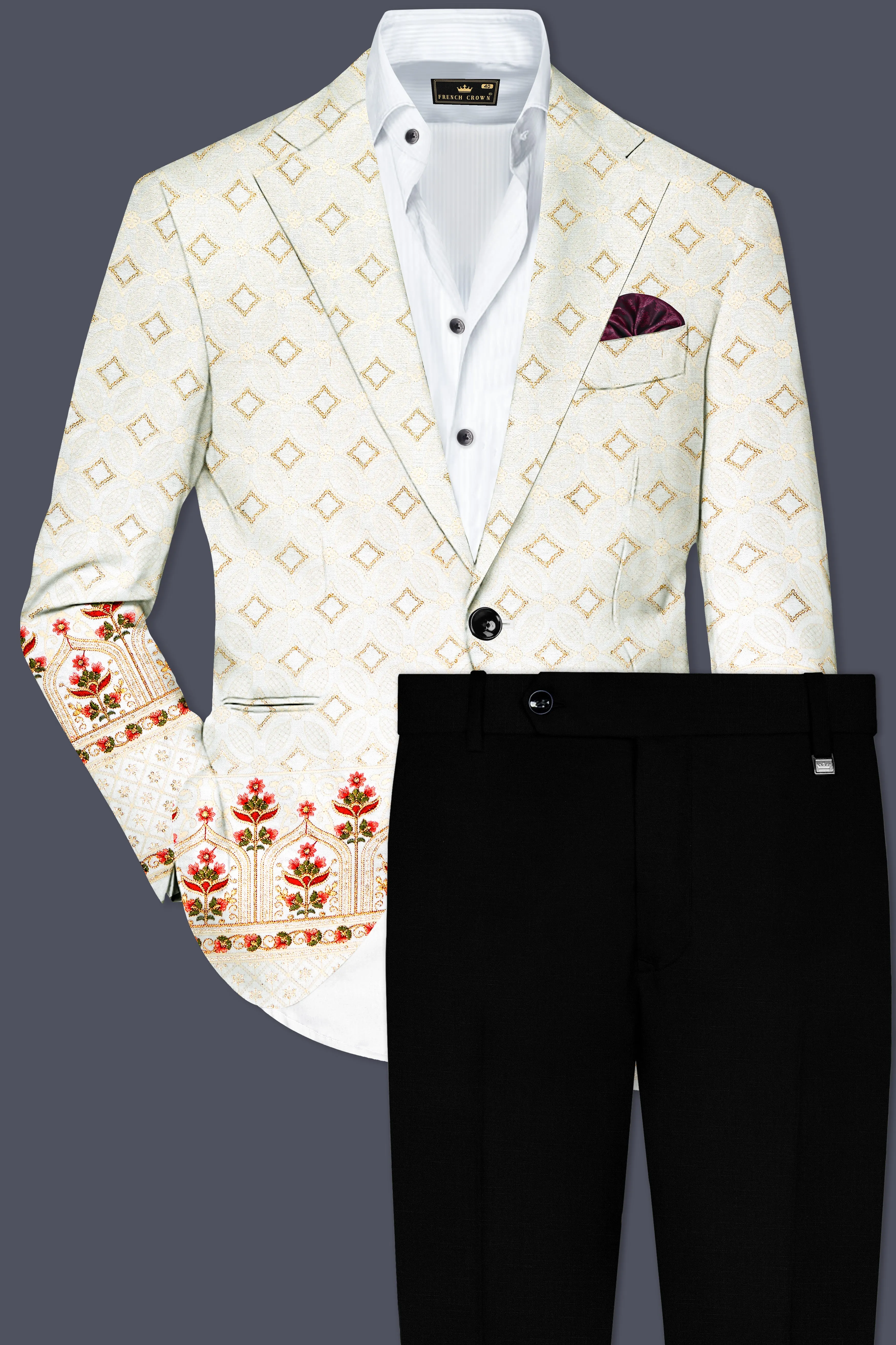 Off White And Sunset Pink Flower Multicolor Sequin and thread Embroidered Single Breasted Suit sold by French Crown product image thumbnail 2