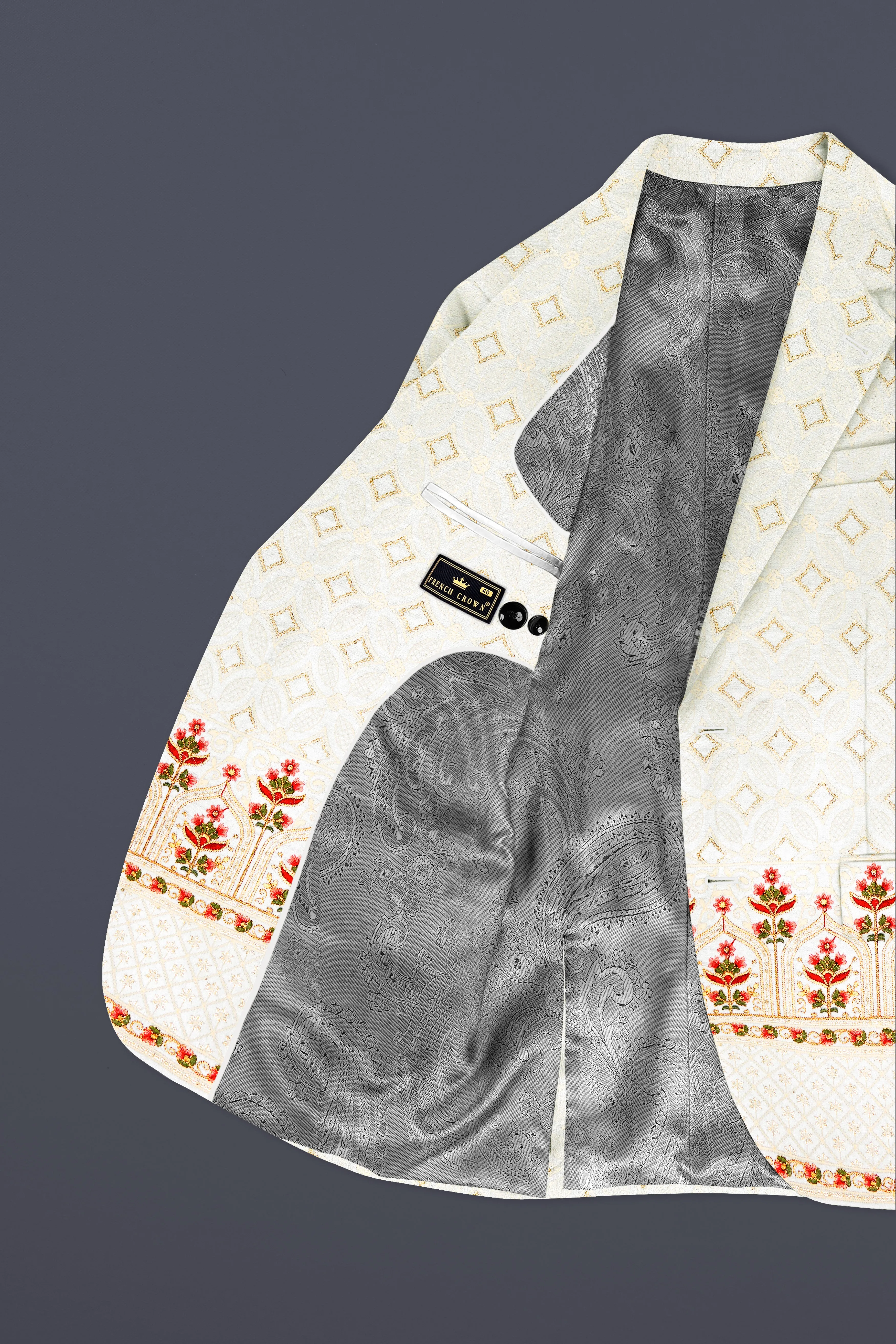 Off White And Sunset Pink Flower Multicolor Sequin and thread Embroidered Single Breasted Suit sold by French Crown product image thumbnail 5