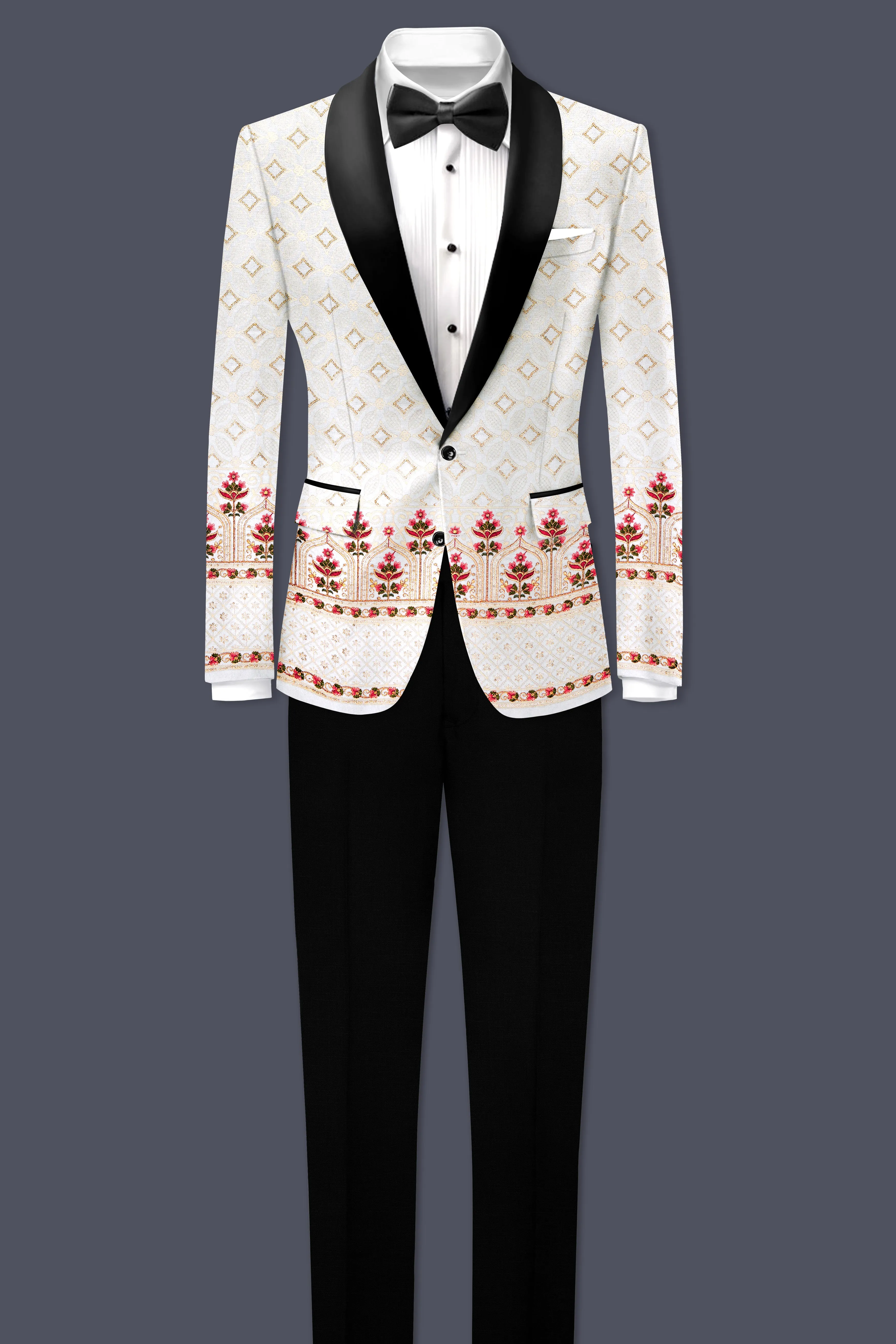 Bright White And Carnation Pink Multicolor Sequin and thread Embroidered Tuxedo Suit sold by French Crown product image thumbnail 4