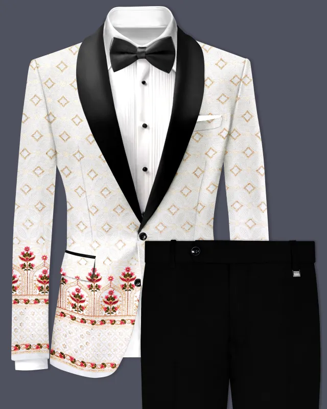 Bright White And Carnation Pink Multicolor Sequin and thread Embroidered Tuxedo Suit made by French Crown