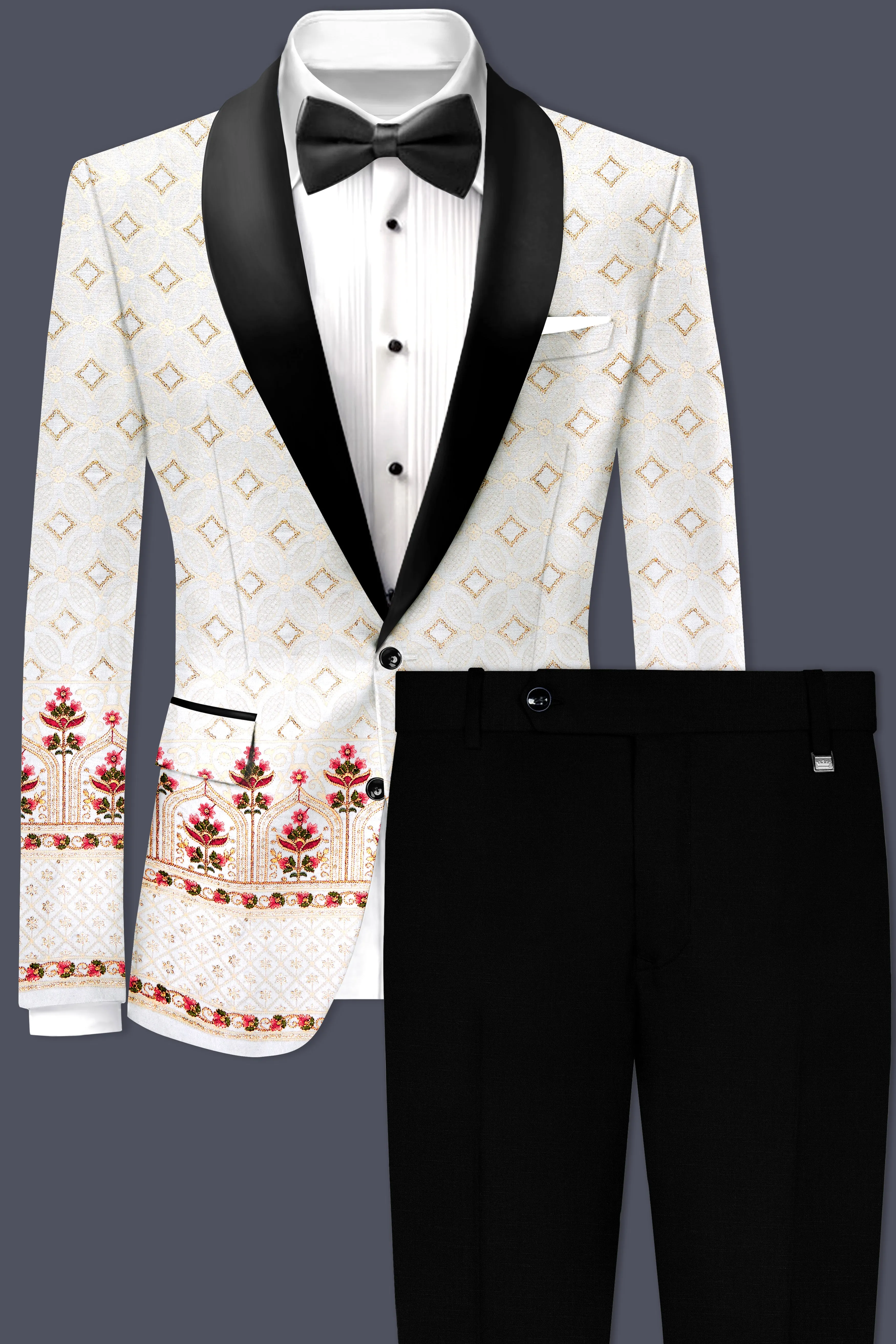 Bright White And Carnation Pink Multicolor Sequin and thread Embroidered Tuxedo Suit sold by French Crown product image thumbnail 2