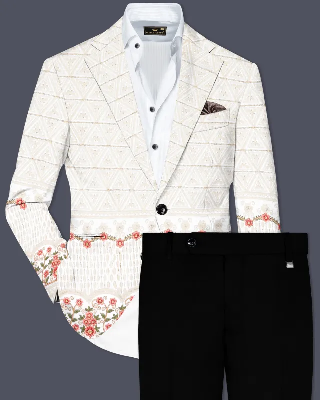 Bright White And Apricot Peach Multicolor Sequin and thread Embroidered Single Breasted Suit sold by French Crown