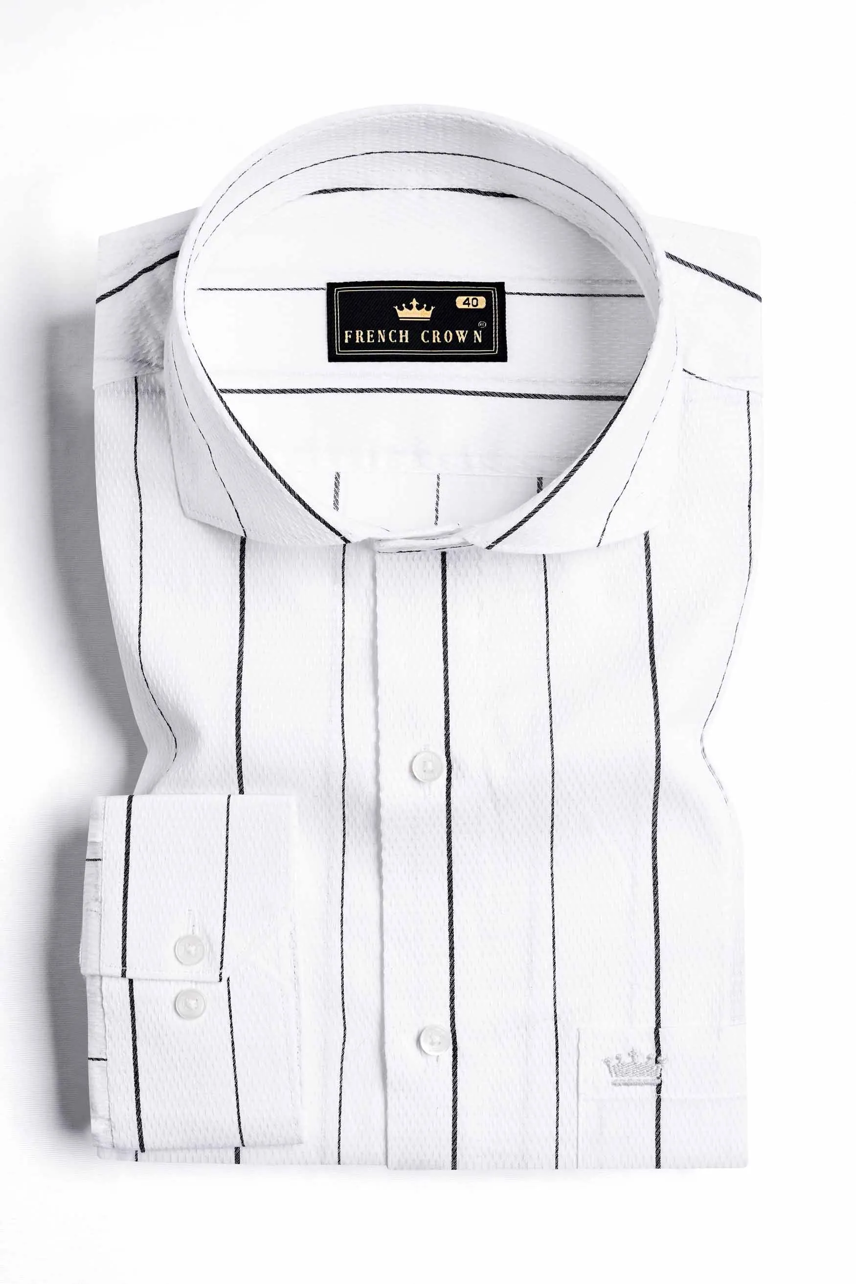 Bright White and Black Striped Dobby Textured Premium Giza Cotton Shirt sold by French Crown product image thumbnail 3