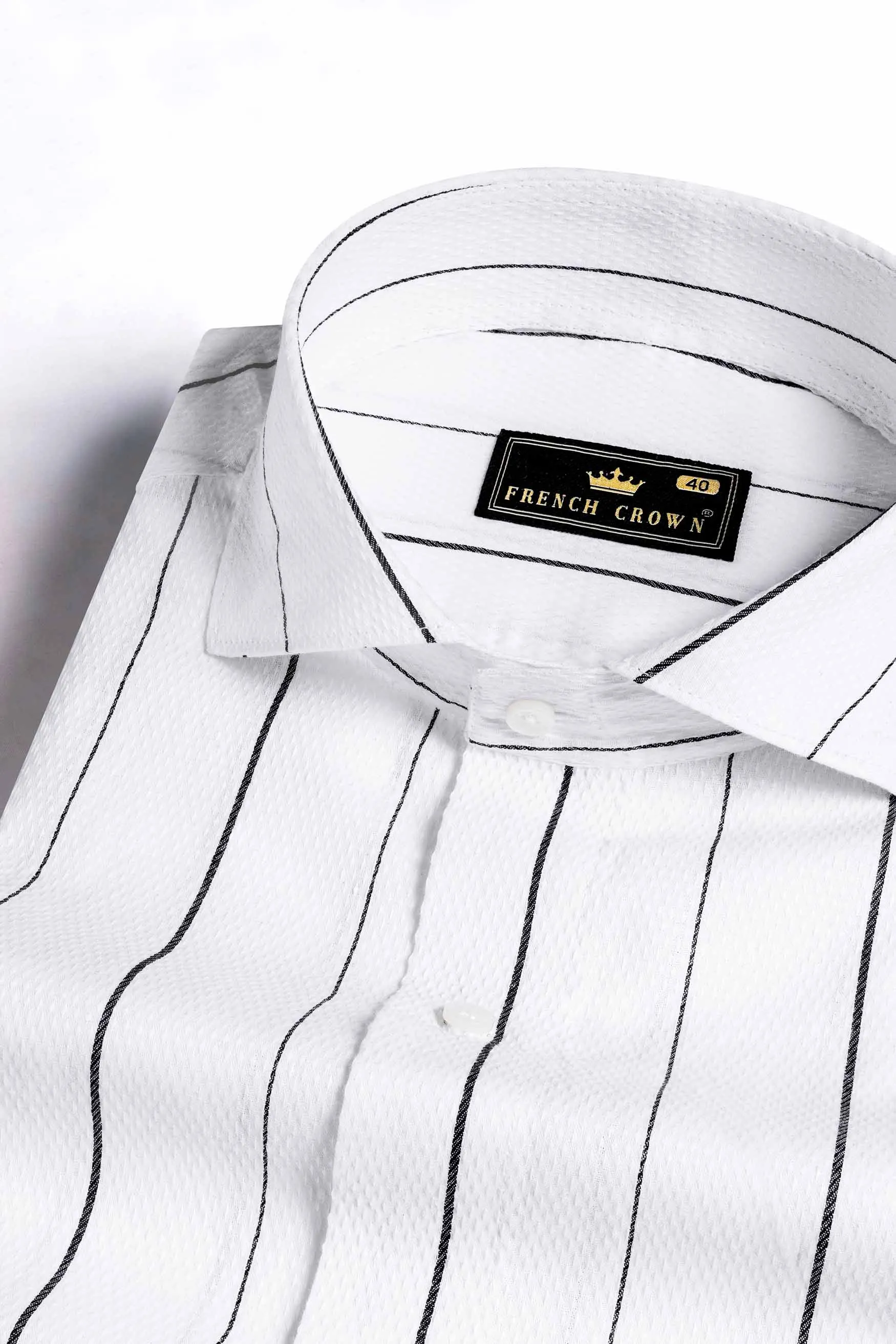 Bright White and Black Striped Dobby Textured Premium Giza Cotton Shirt sold by French Crown